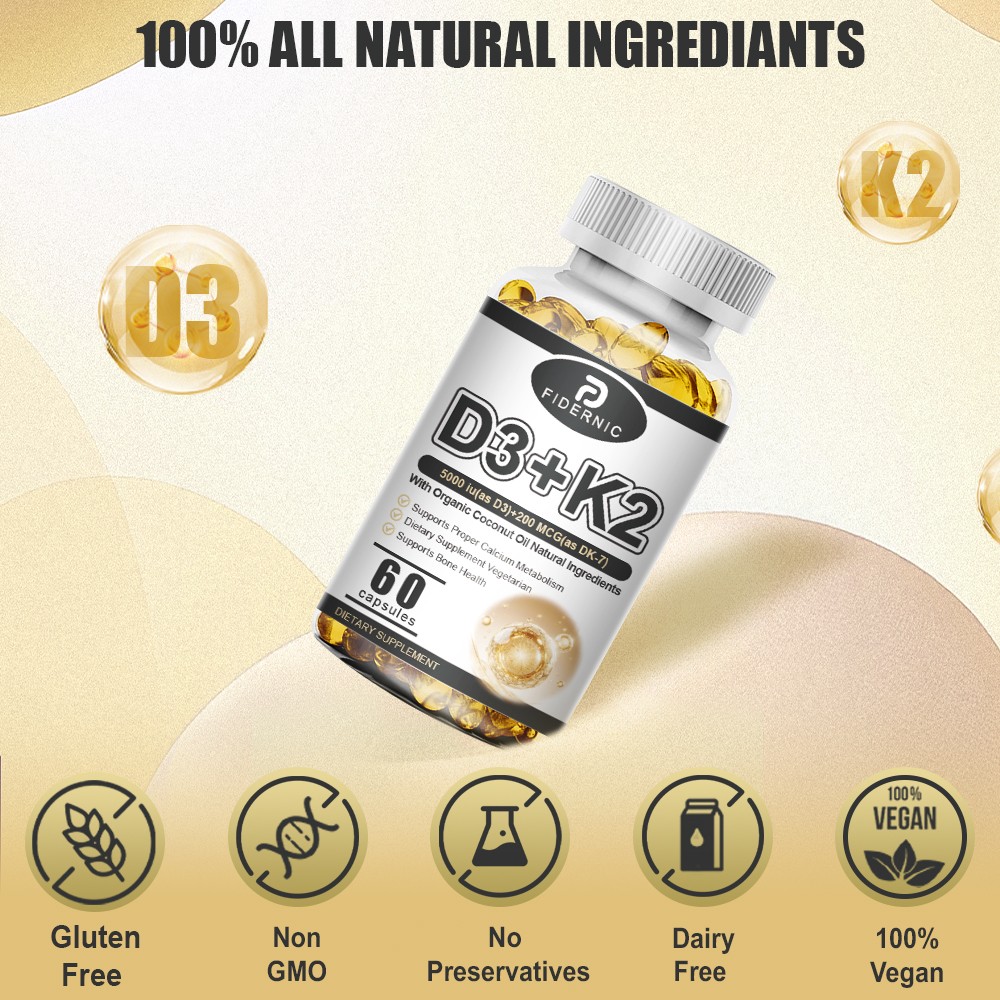 Vitamin D3 K2 60 Capsules Bone Muscle Immune Support Supplement