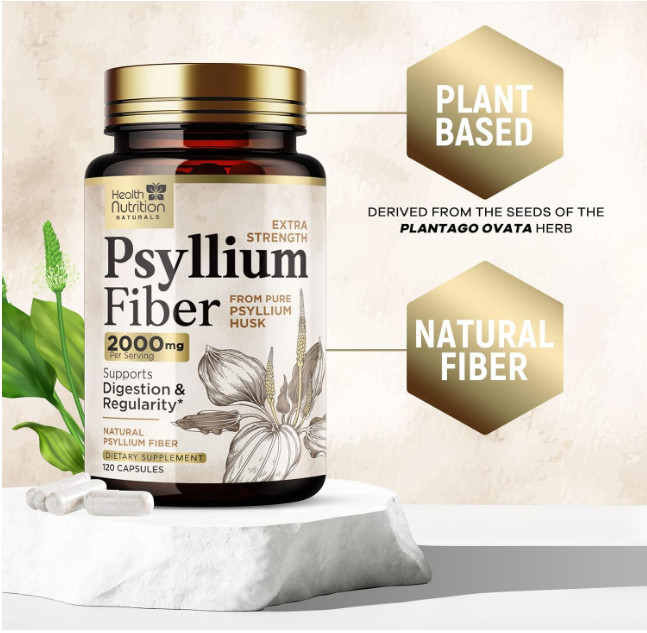 High Absorption Psyllium Husk Capsules 2000mg Daily Fiber Supplement, Psyllium..