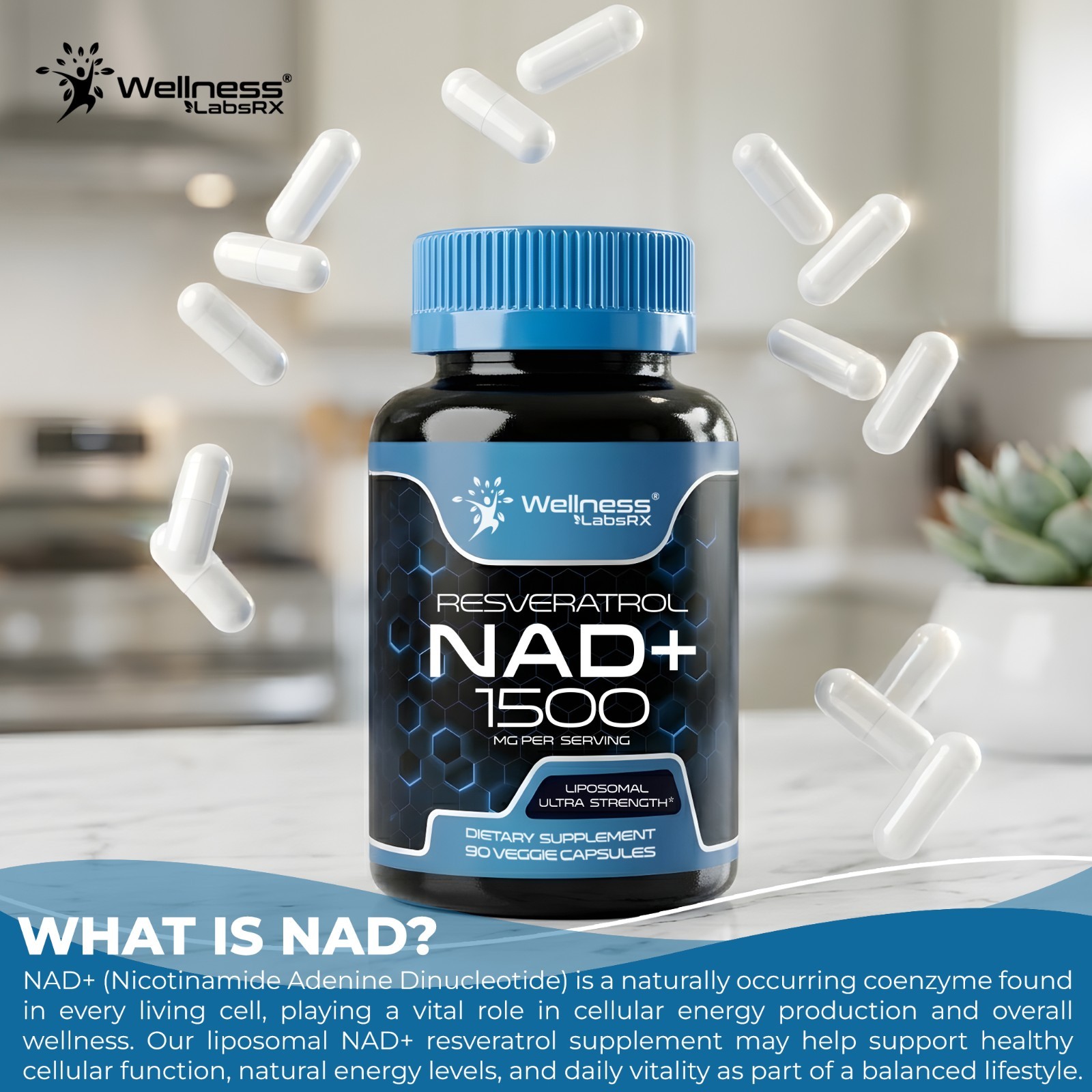 NAD+ Supplement 1500mg with Resveratrol | Cellular Health & Energy | 90 Caps