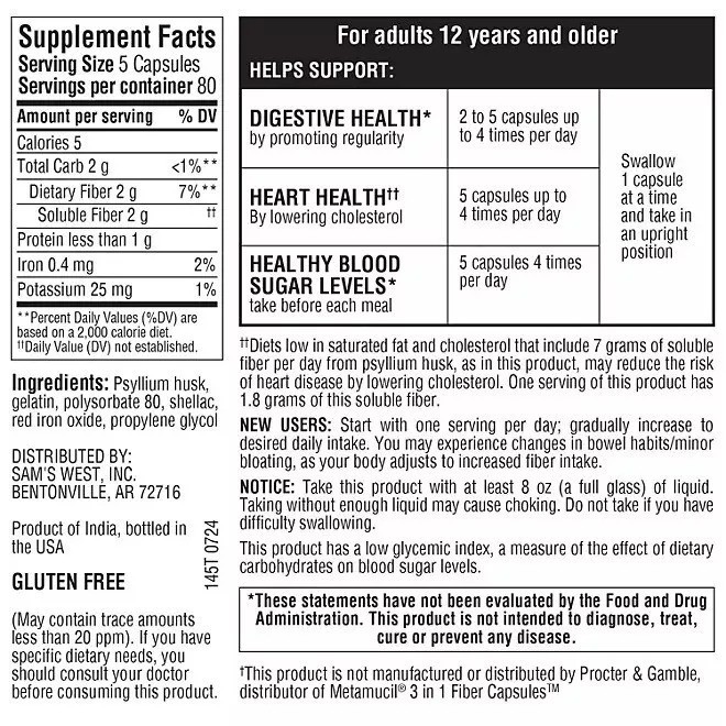 Pack Of 2 Member’s Mark Fiber Capsule 100% Psyllium 400 Ct (Total 800) Fast ship