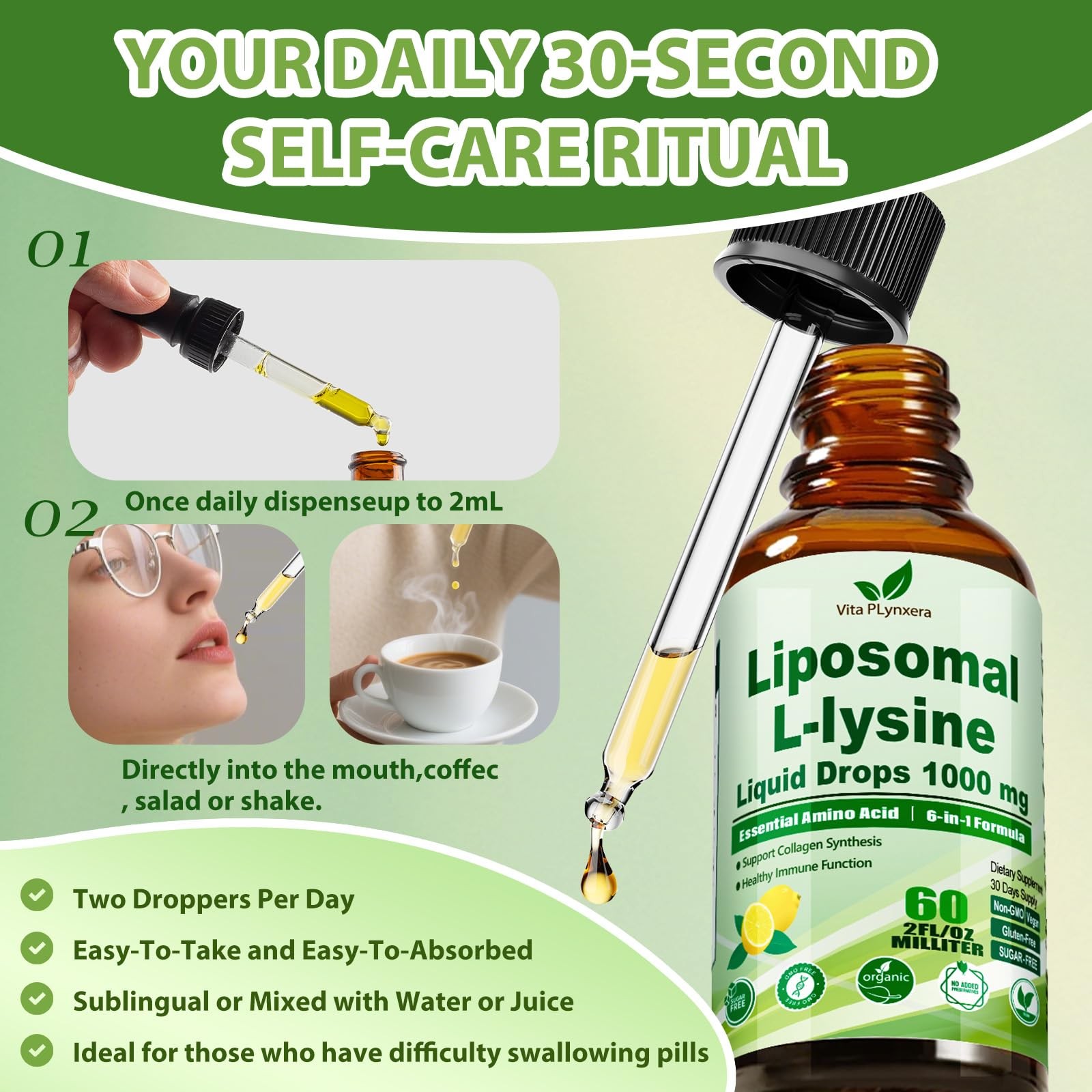 L-Lysine 1000mg Liquid Drops w. Monolaurin Olive Leaf 2 Fl Oz (Pack of 1)