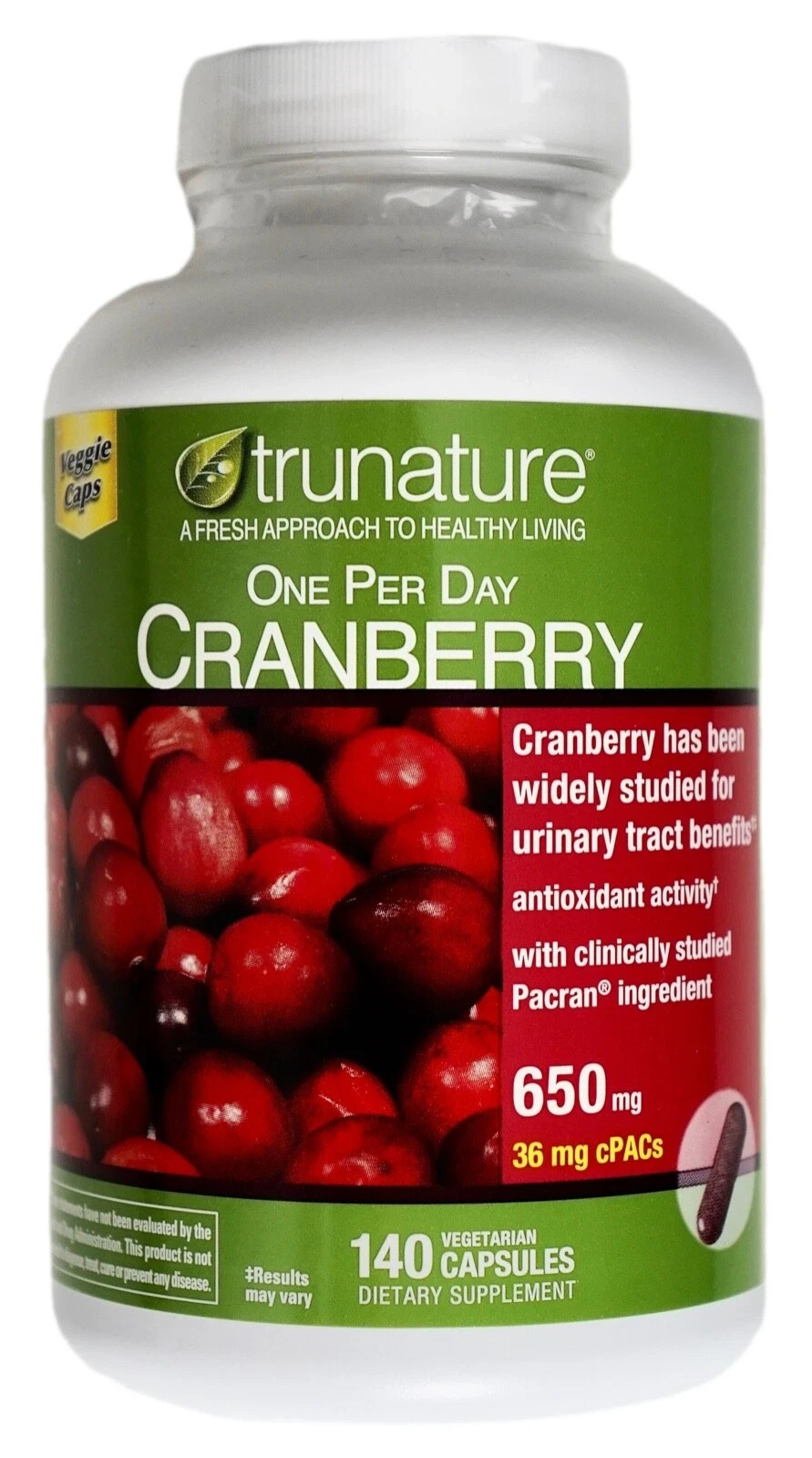 Trunature Cranberry 650mg Capsules with Pacran One-Per-Day Veggie Caps 140 Count
