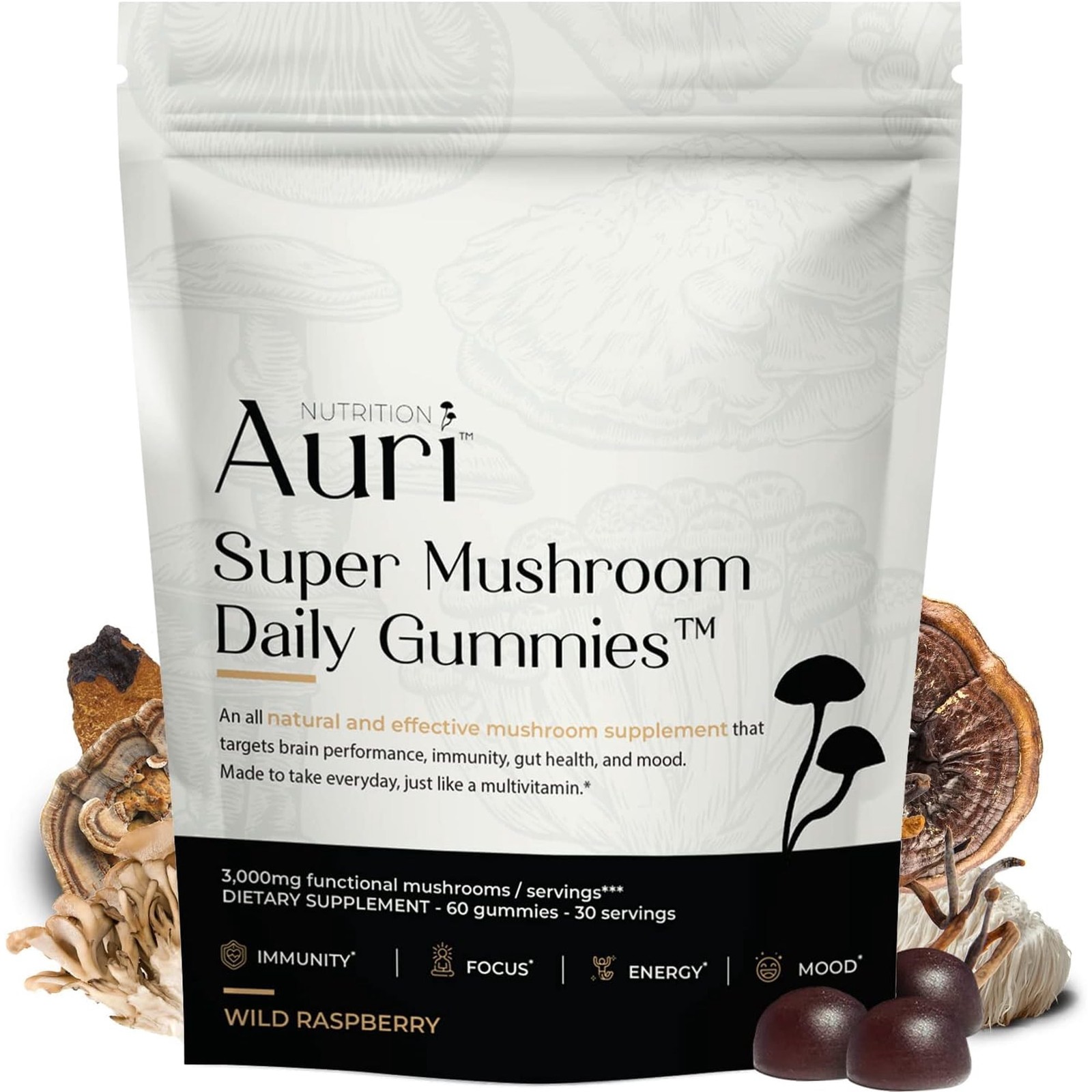 Auri Nutrition Super Mushroom Daily Gummies Wild Raspberry 60 ct. Immunity Focus