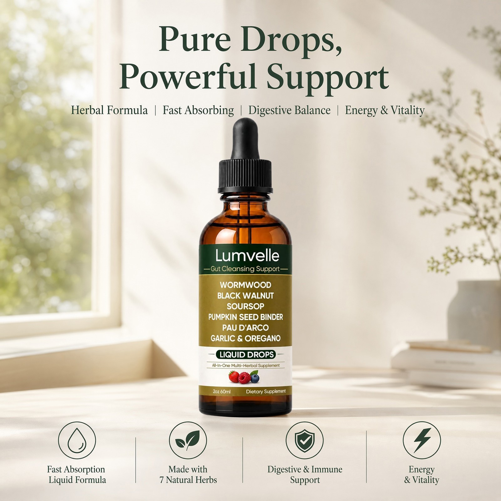 LUMVELLE Wild Harvested Wormwood Herbal Liquid Botanical Supplement Drops 60ML