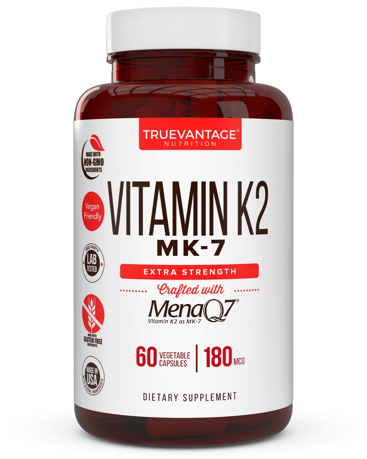Vitamin K2 Supplement 180mcg -Vitamin K2 MK7 Supports Bone & Heart Health