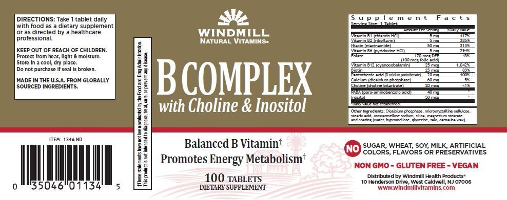 Windmill B-Complex with Choline & Inositol Tablets Dietary Supplement 100 Count