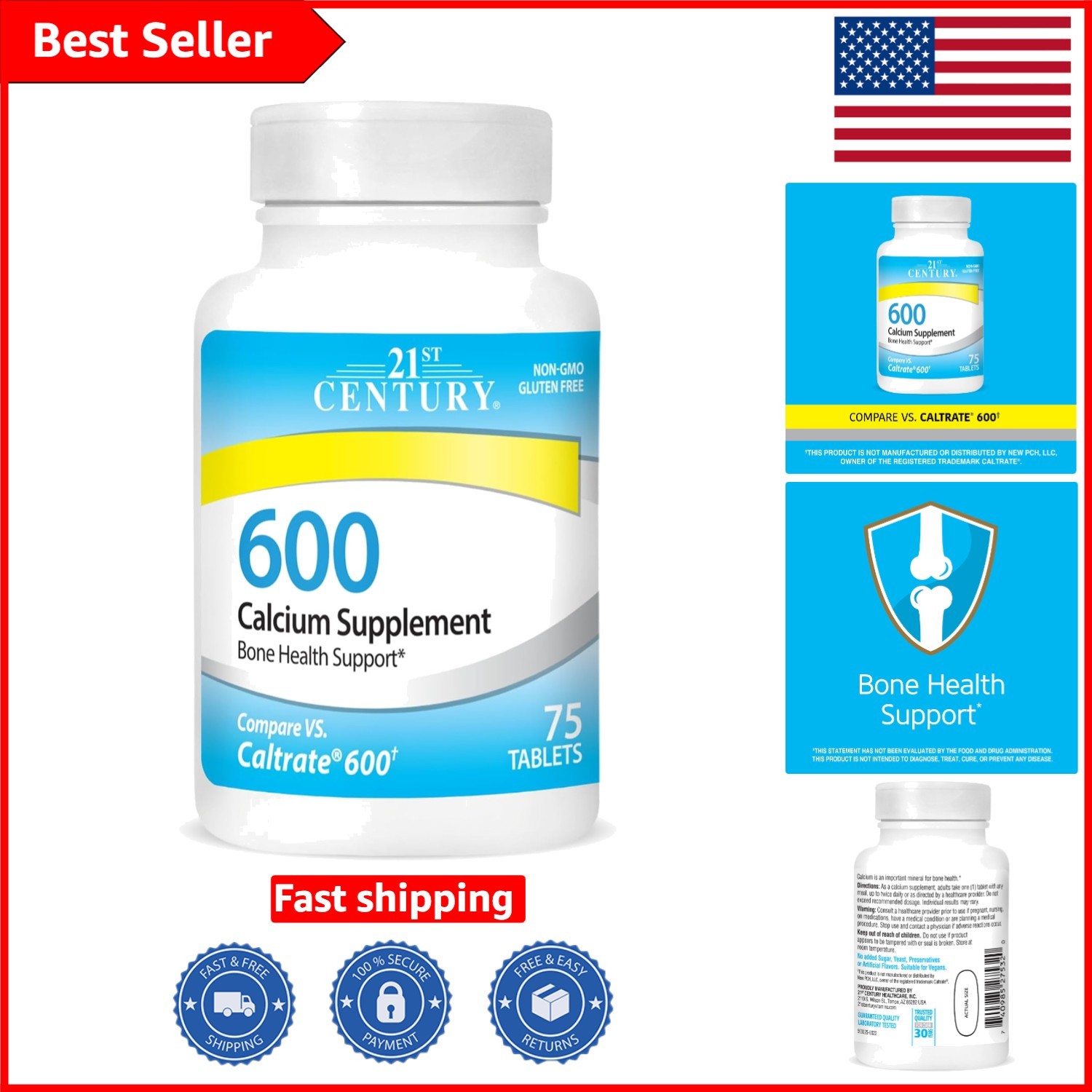 Calcium Carbonate 600mg Tablets, 75 Count – Trusted Bone Strength Support