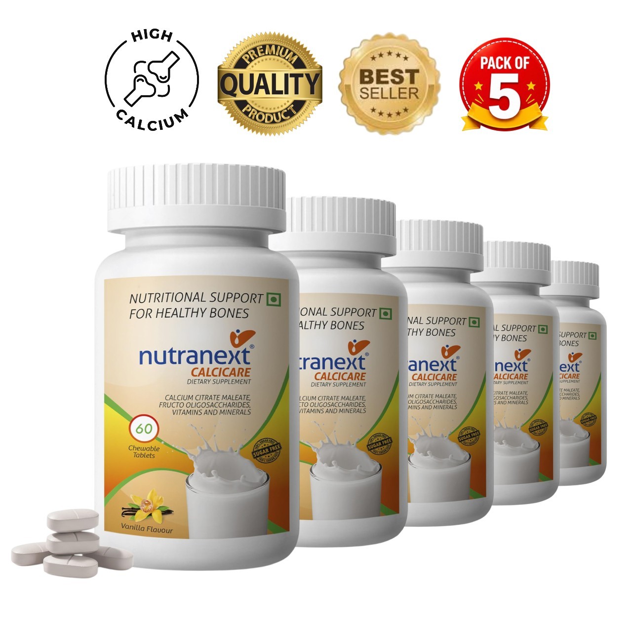 5 Pack Nutra.next Calcicare Calcium 300 Vanilla Tabs