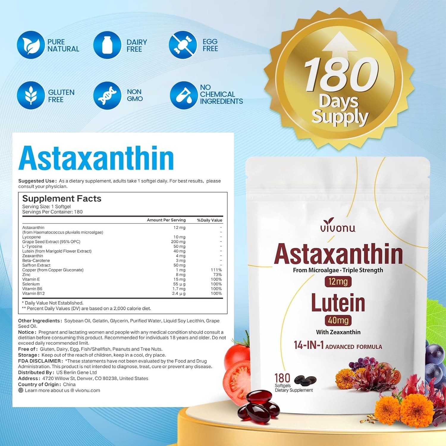 14-in-1 Astaxanthin 12mg with Lutein 40mg & Zeaxanthin Softgels, Eye Support & A