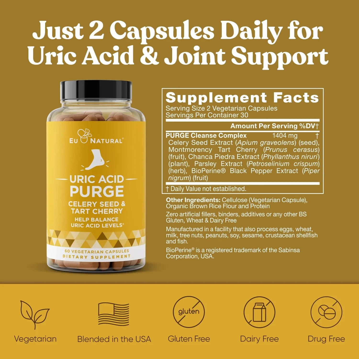 Eu Natural Purge Uric Acid Flush Detox Cleanse Joint Support Tart Cherry 60 Caps