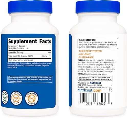 Nutricost N-Acetyl L-Cysteine (NAC) 600mg, 120 120 Count (Pack of 1), Red