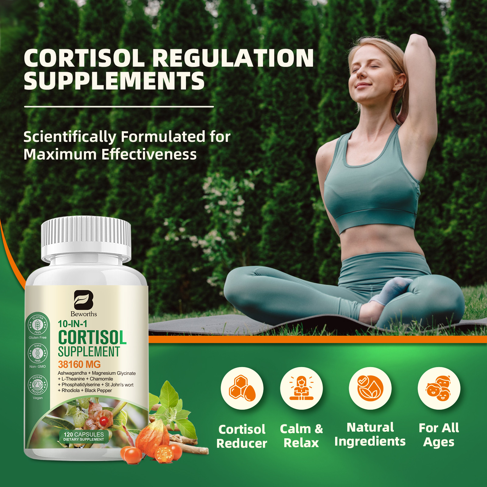 Super Cortisol Supplement Magnesium Ashwagandha L-theanine,Relieve Stress 120PCS