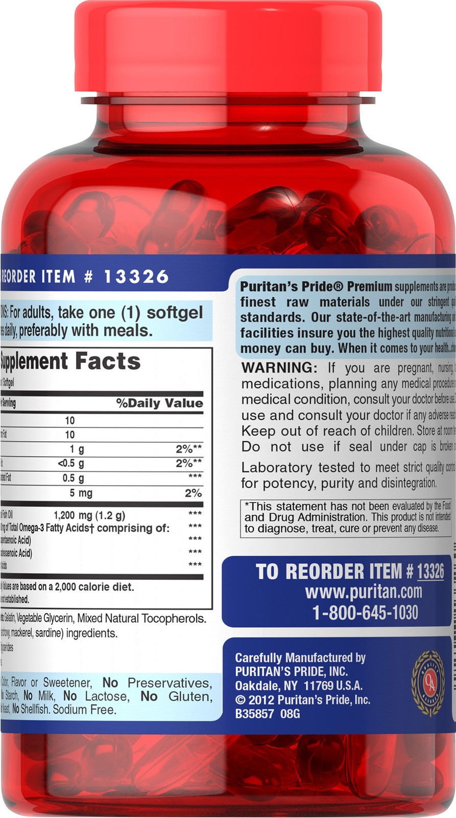 Puritan’s Pride Omega-3 Fish Oil 1200 mg (360 mg Active Omega-3) – 100 Softgels