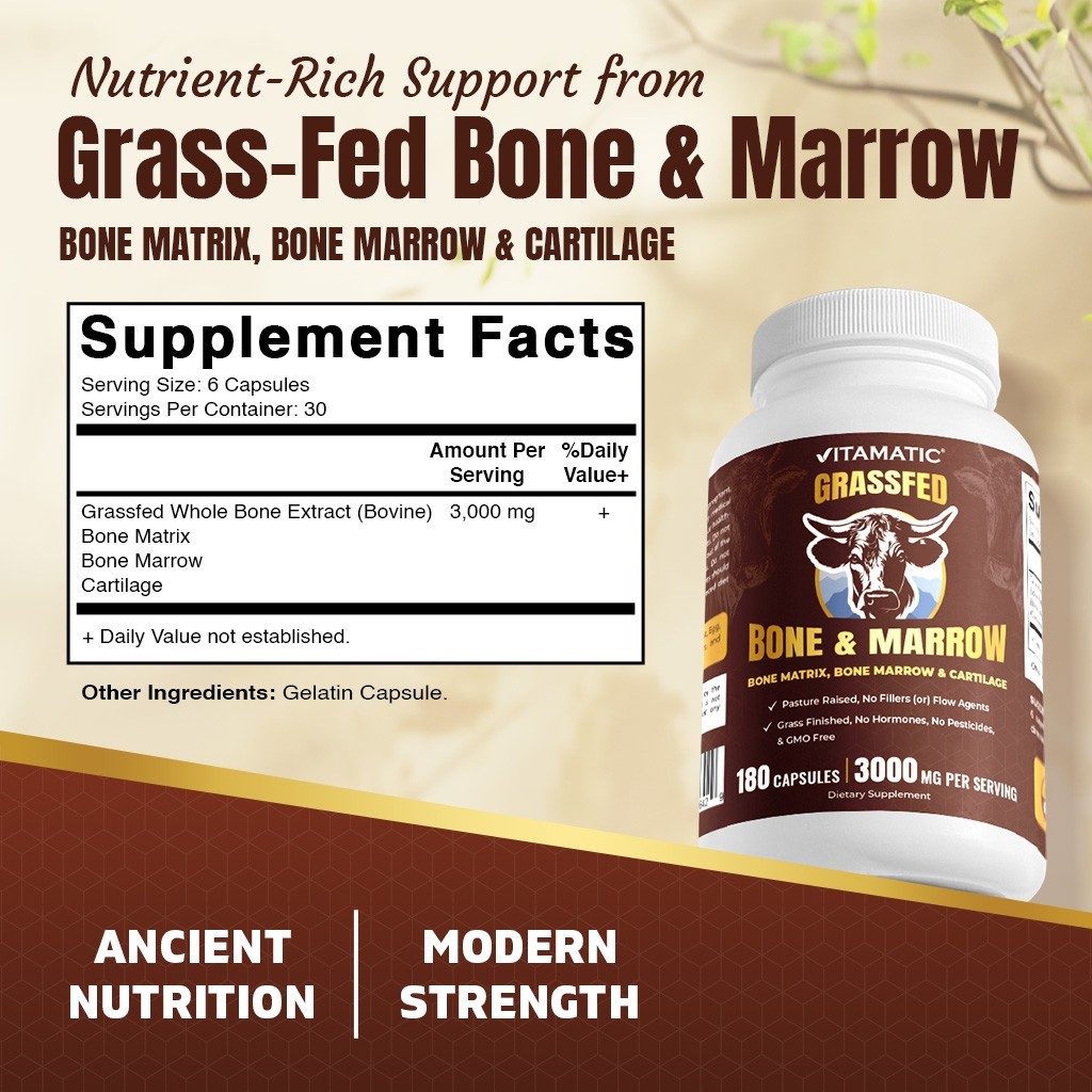 Vitamatic Grass-Fed Beef Bone & Marrow – Freeze-Dried, Non-GMO- 180 Caps