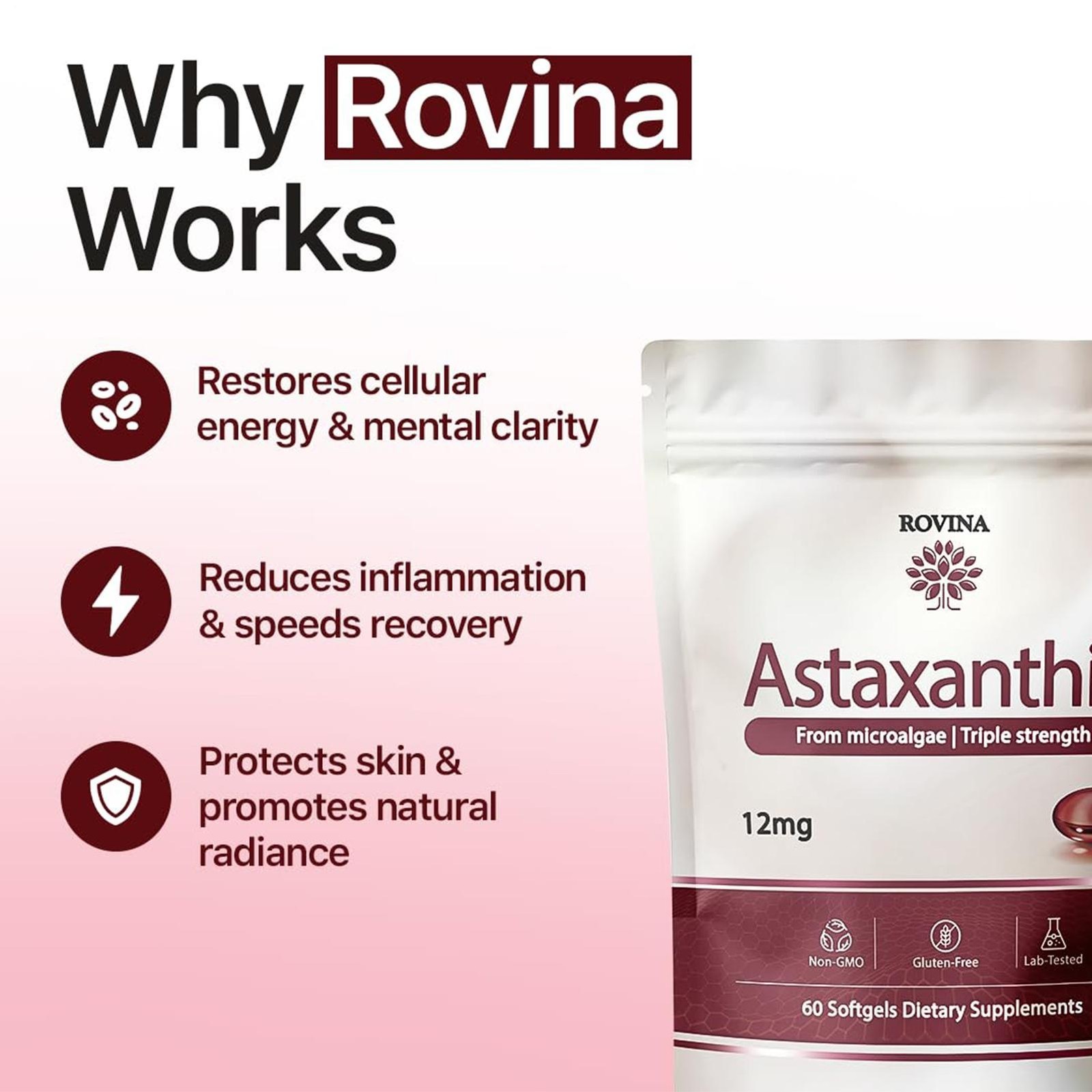 ROVINA Astaxanthin 12mg Softgels From Microalgae-Triple Strength Antioxidant US