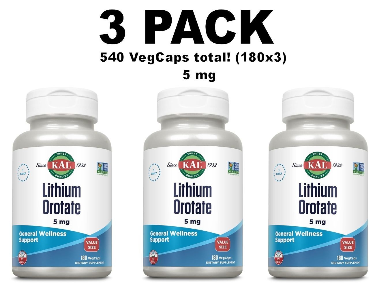 Lithium Orotate, 5 mg, 3 PACK, 180 VegCaps each (540 total!) by KAL