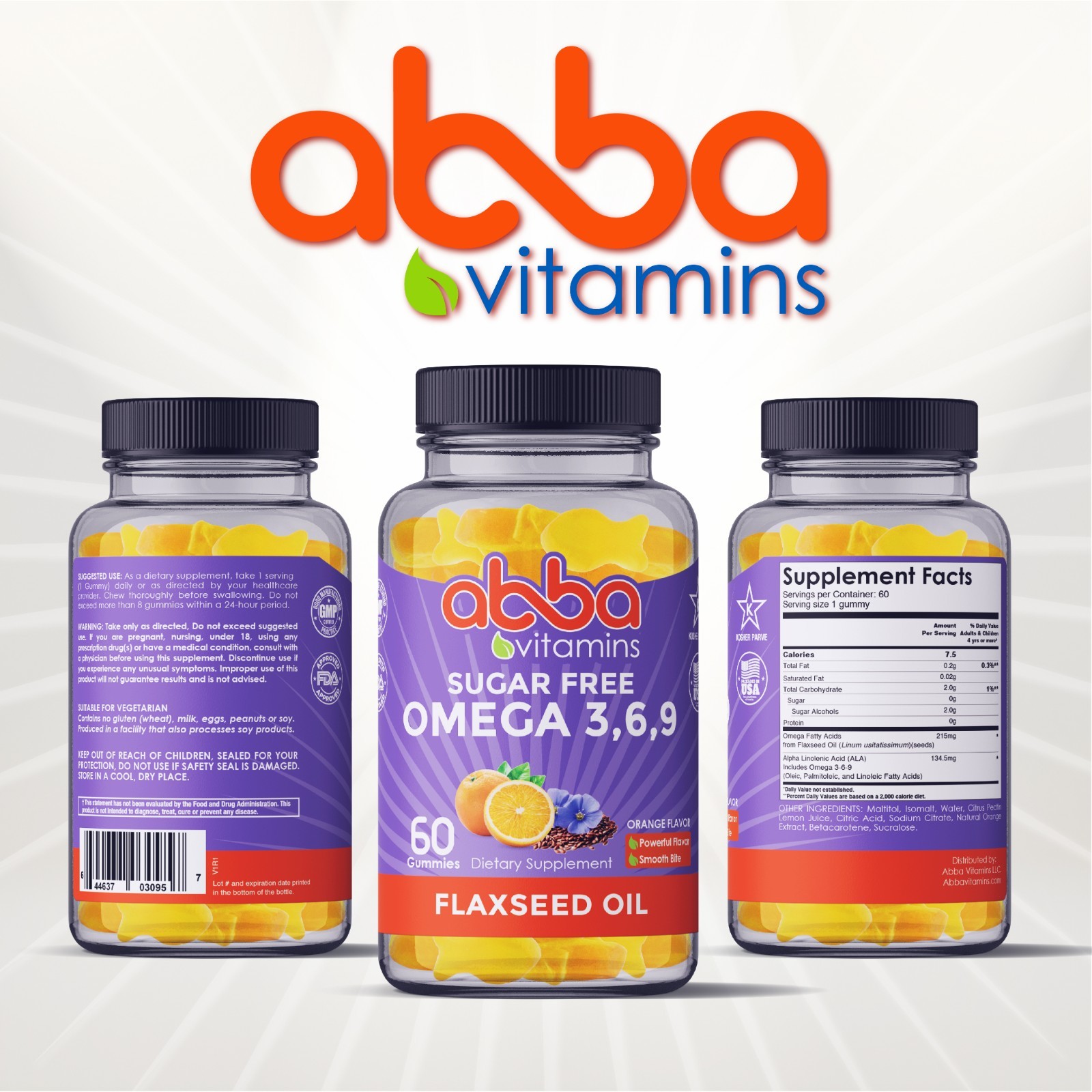 Abba Vitamins Omega Gummy Natural Flavors & color Flaxseed Oil based Star Kosher