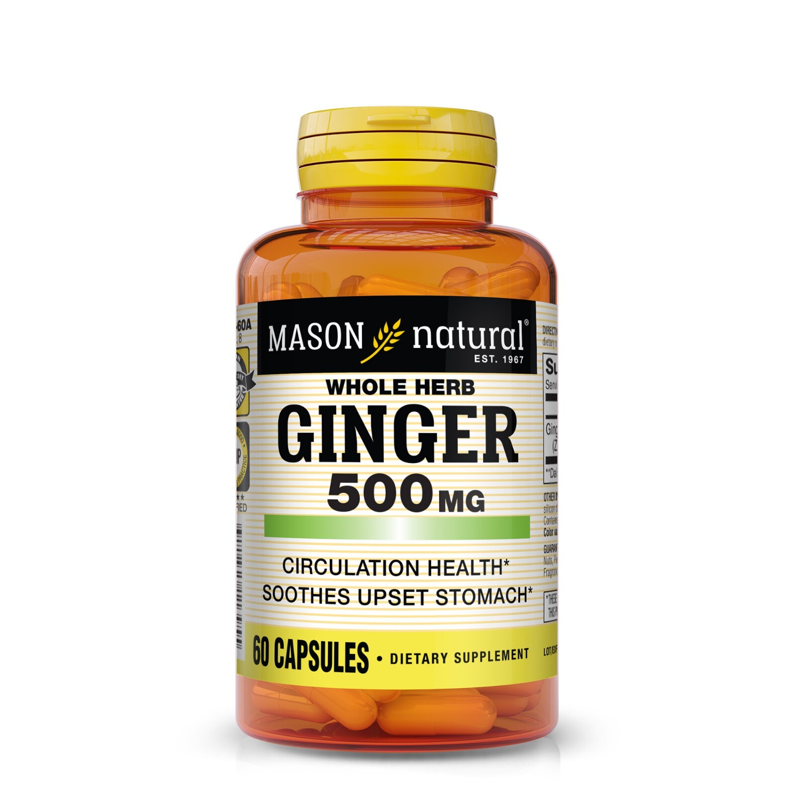 Mason Natural Whole Herb Ginger 500 mg, Stomach Natural Supplement, 60 Capsules