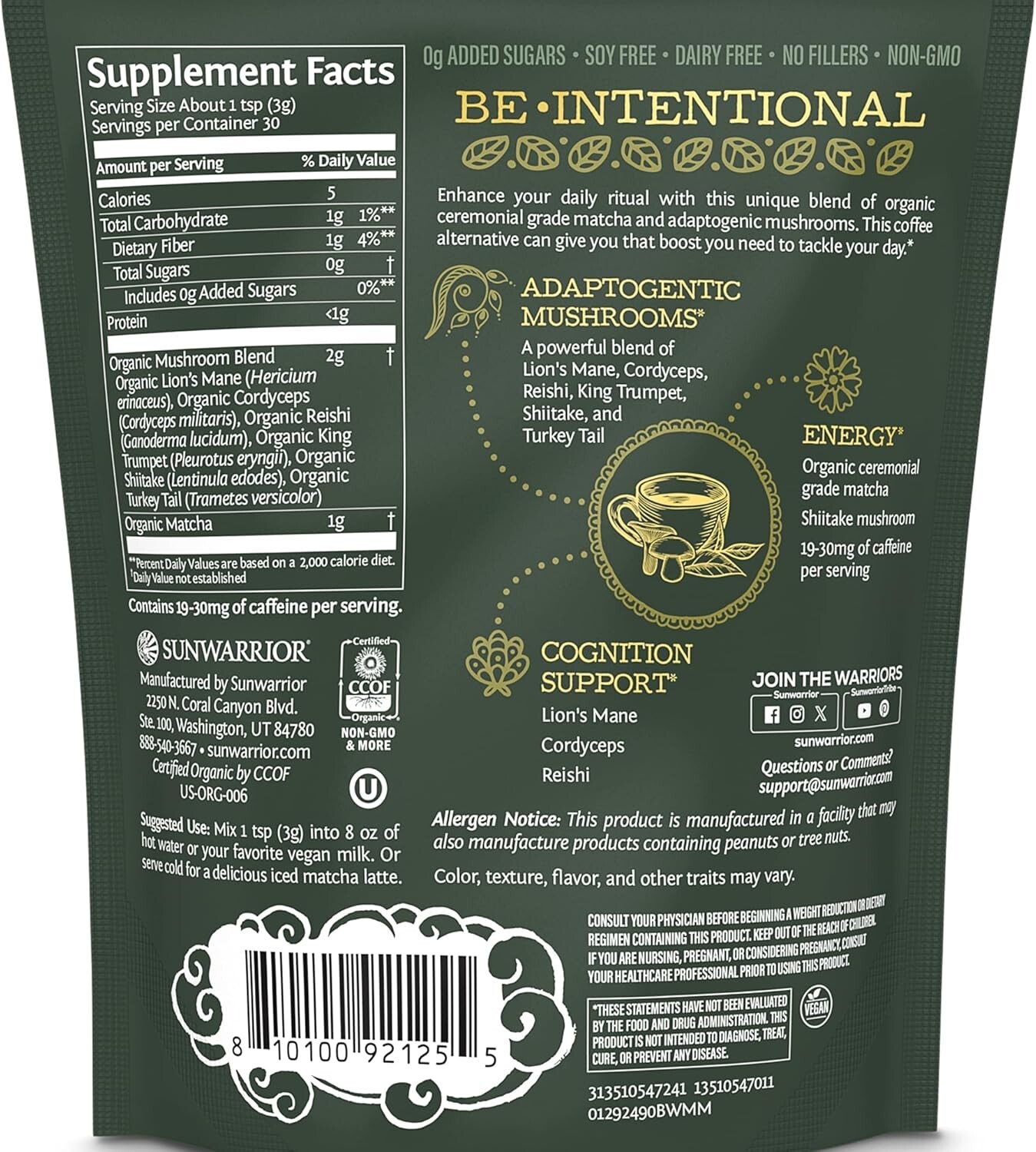 Sunwarrior Organic Matcha Mushroom Powder Supplement Mushroom Coffee, 3.2 oz