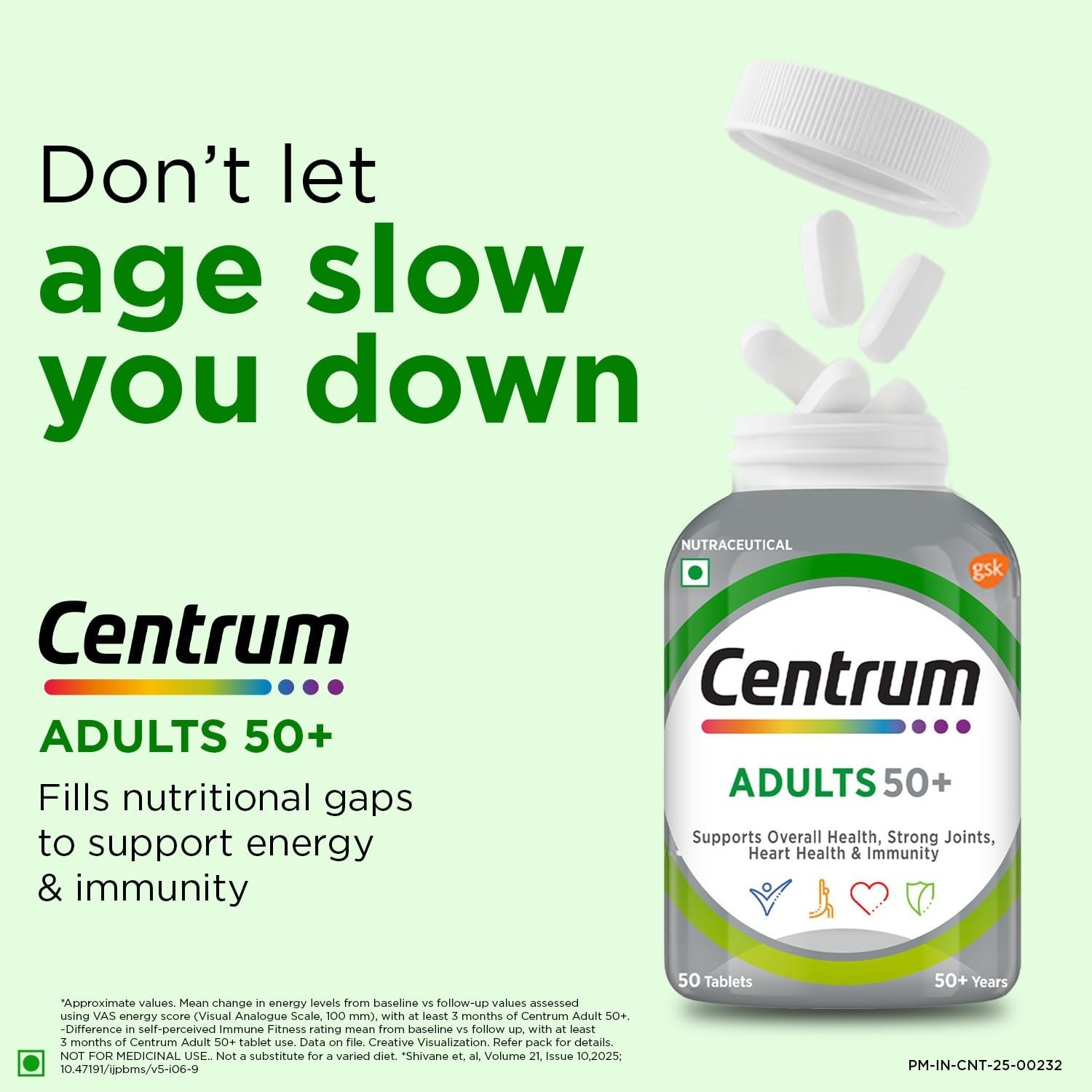Multivitamin Adults 50+ Immunity Heart Joints Centrum 23 Nutrients 50 Tabs 2.7oz