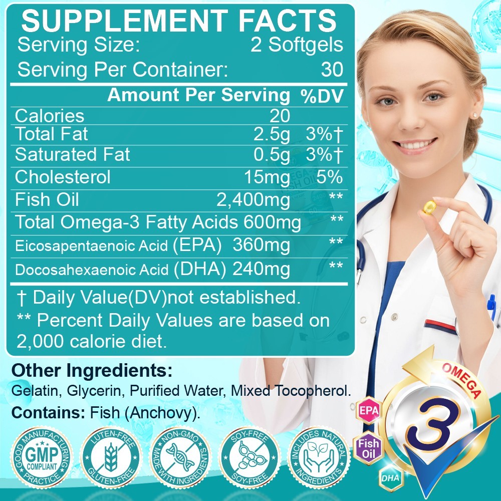 Omega 3 Fish Oil Supplements 2400mg High Potency EPA DHA Complex 60 Capsules.