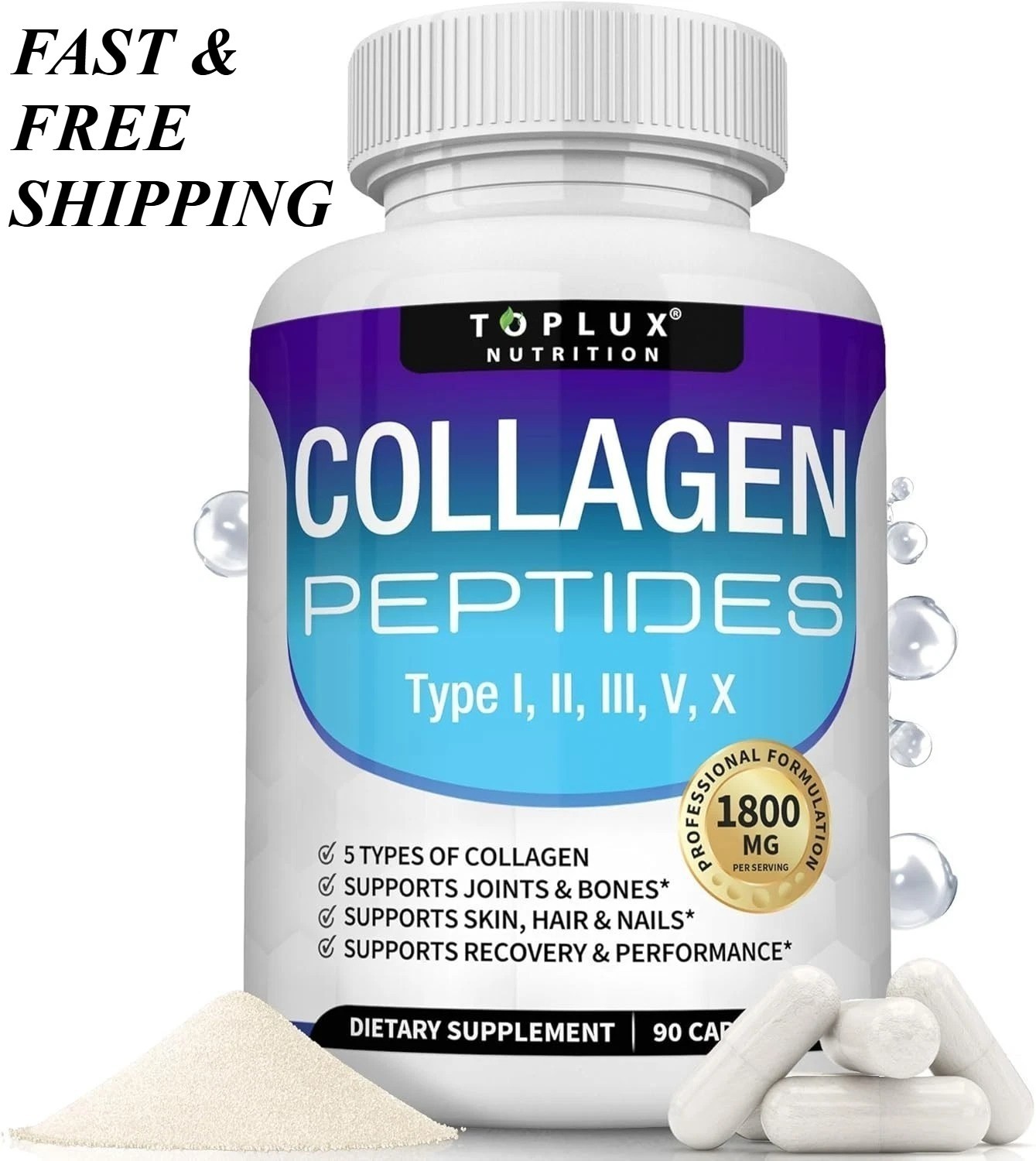 Toplux Multi Collagen Peptides Pills 1800 Mg Complex – Type I, II, III, V, X*/-
