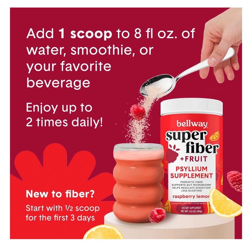 Bellway Super Fiber Fruit, Psyllium Husk Fiber Supplement, Raspberry Lemon, 18oz