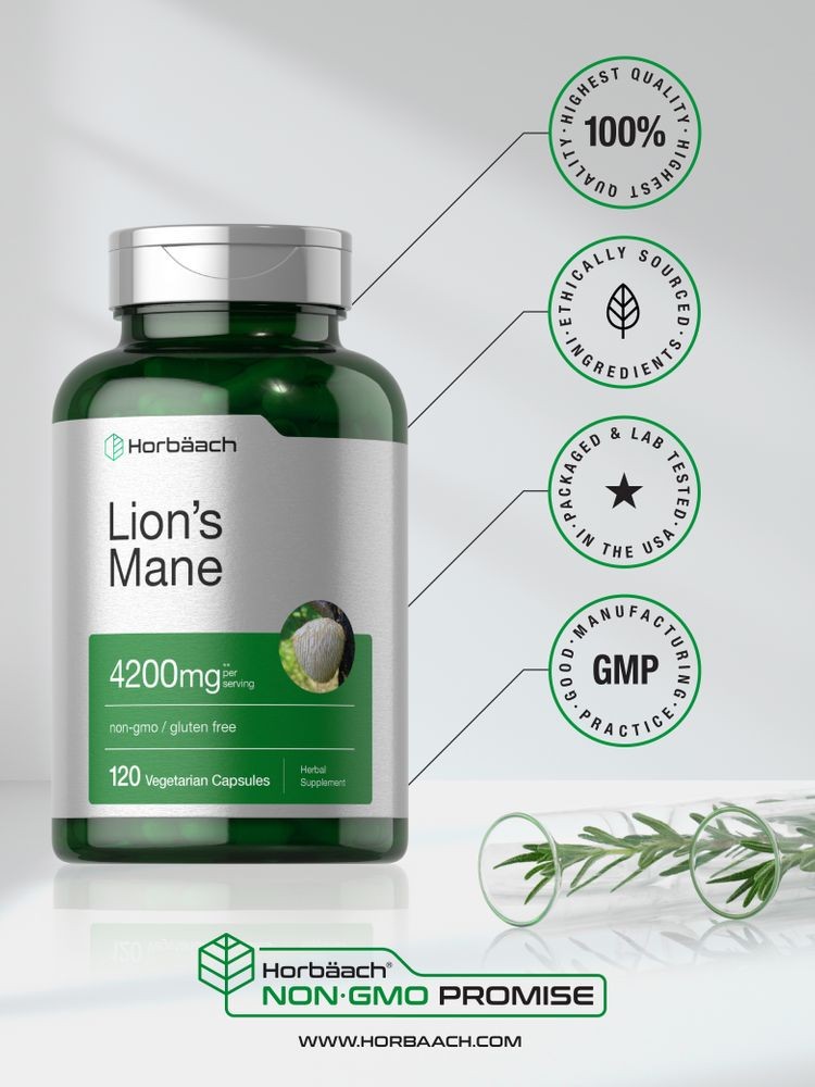 Lions Mane Mushroom Capsules | 4200mg | 120 Count | Vegetarian | by Horbaach