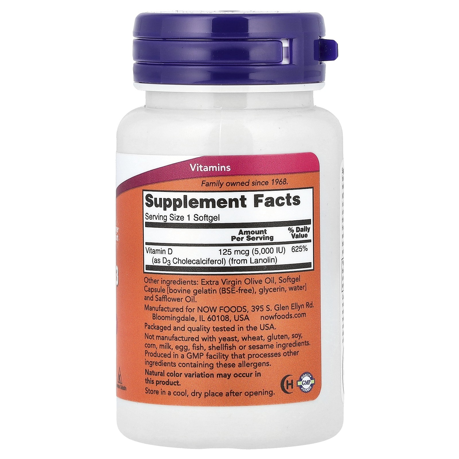 Now Foods Vitamin D-3 5 000 IU 240 Softgels GMP Quality Assured, Kosher