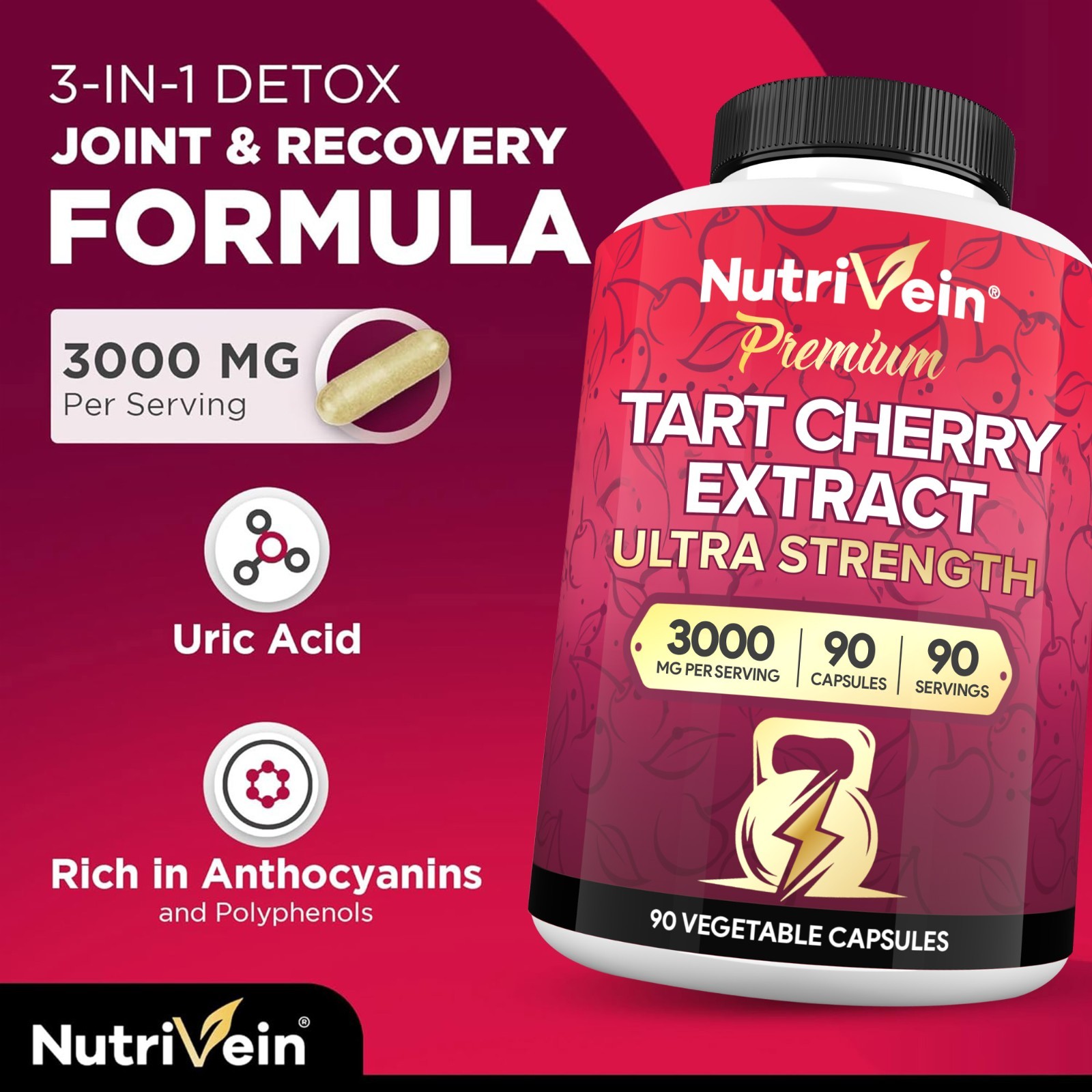 Nutrivein Tart Cherry Capsules 3000mg – 90 Vegan Pills – Supports Uric Acid