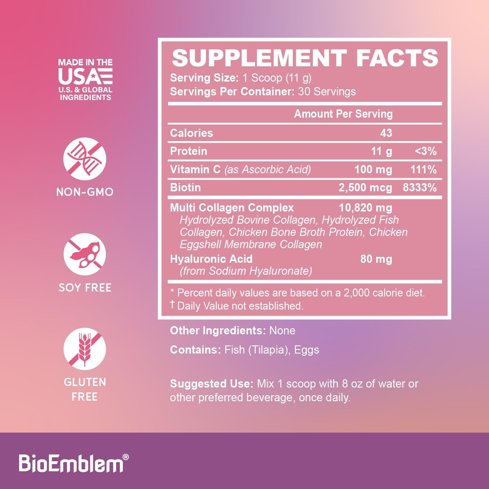 BioEmblem Beauty Collagen Multi Collagen Complex, 30 Servings | With Hyaluron…