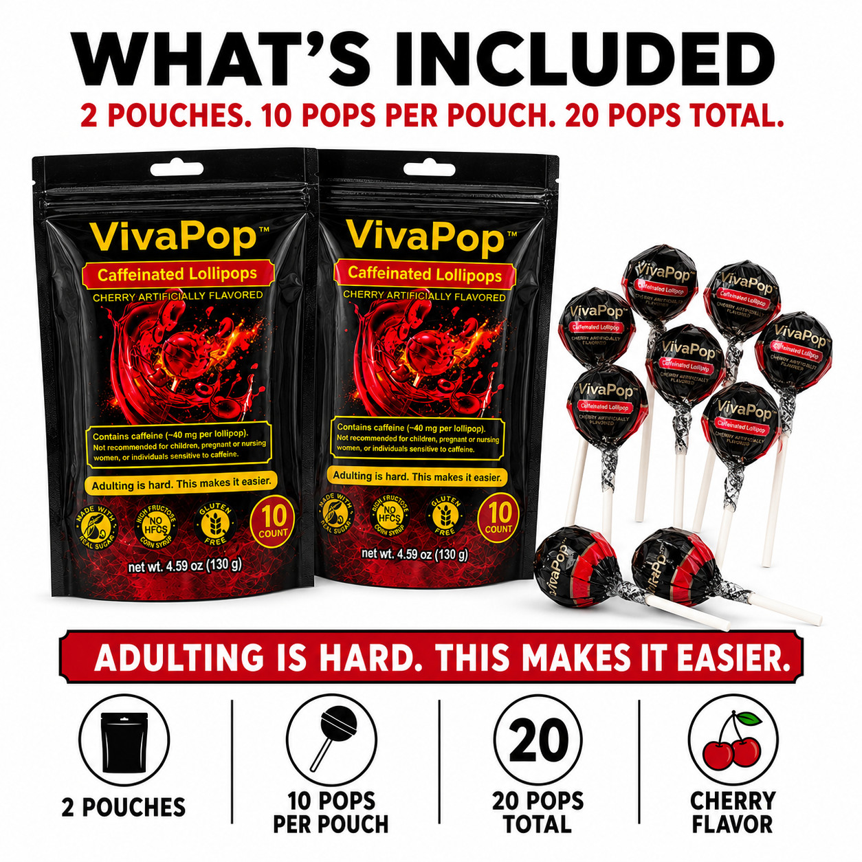 VivaPop Caffeinated Lollipops 40mg Caffeine 100mg L-Theanine 10 Count Energy