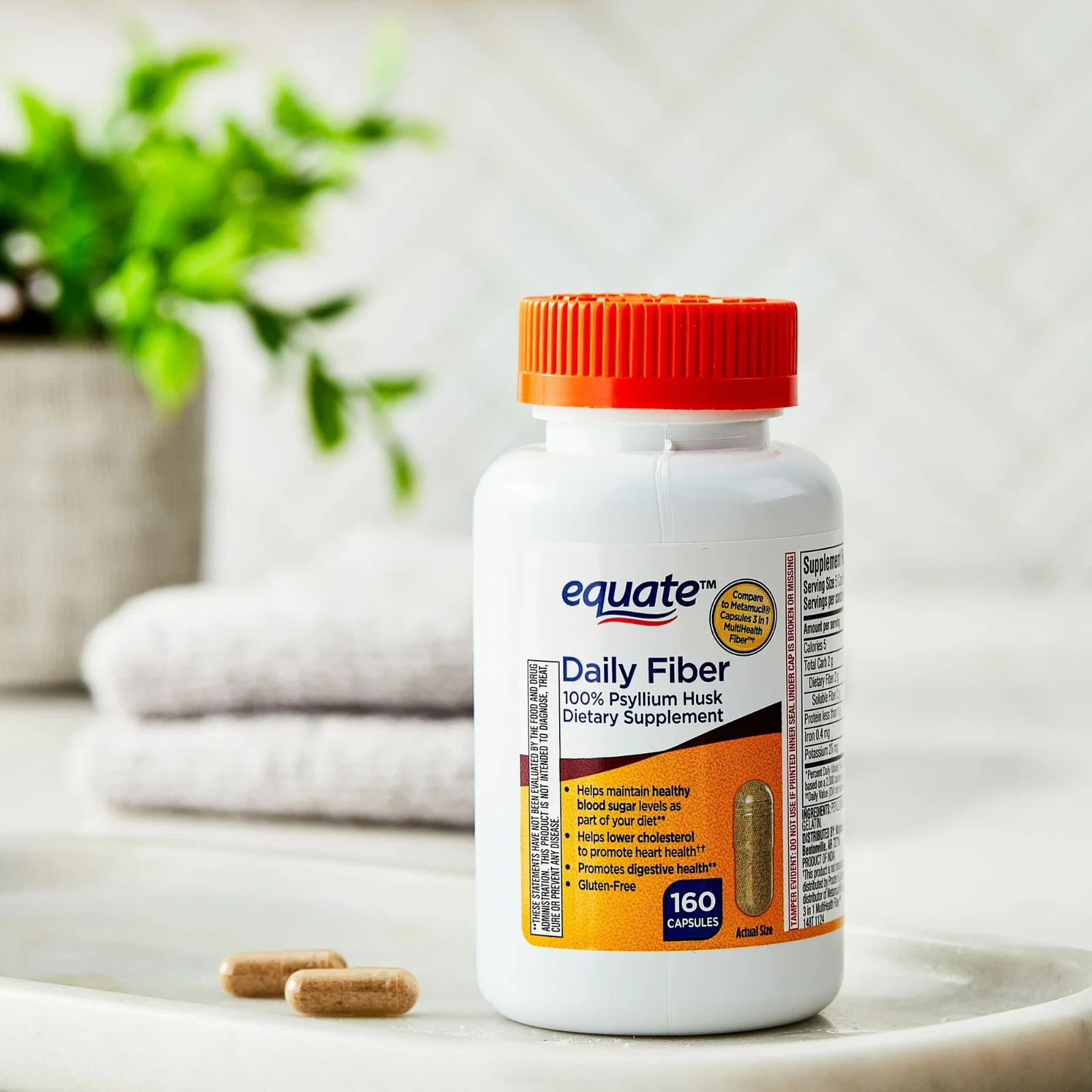Equate 100% Psyllium Husk Daily Fiber Dietary Supplement Capsules, 160 Ct