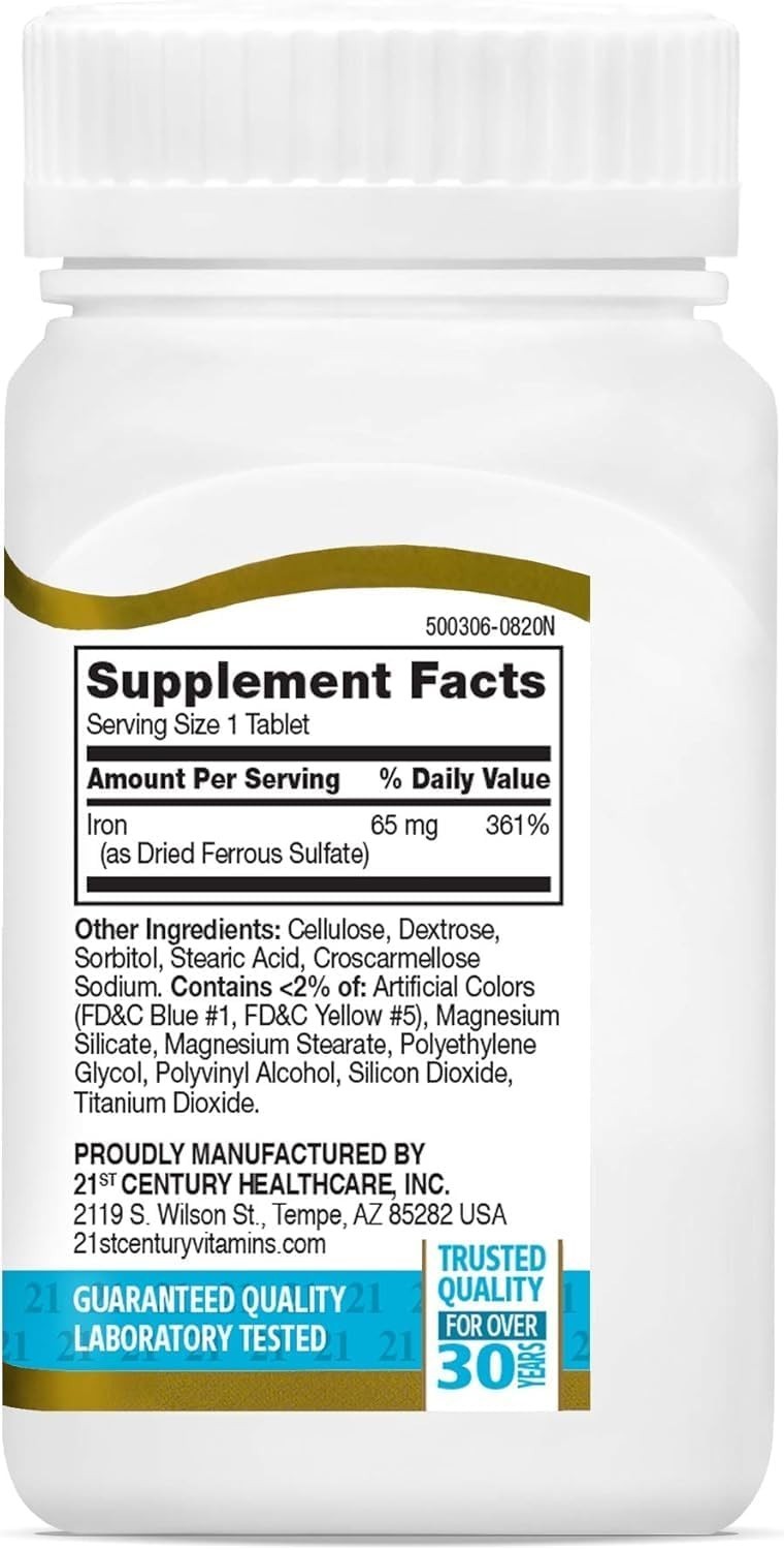 Daily Nutrition: 120 Count Gluten-Free 65mg Slow-Release Iron Tablets for Adults