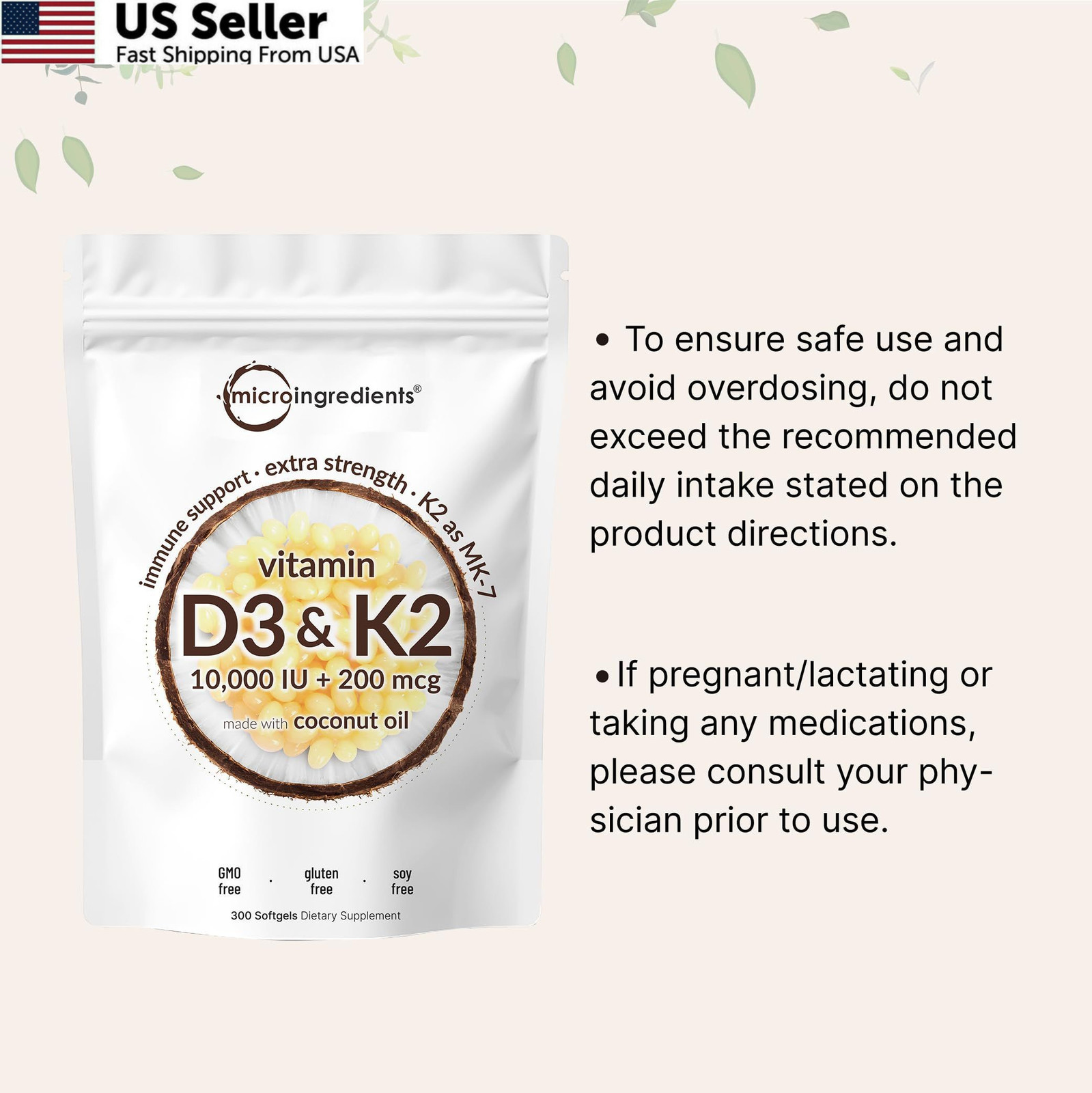 Micro Ingredients Vitamin D3 10,000 IU + K2 MK-7 200 300 Count (Pack of 1)