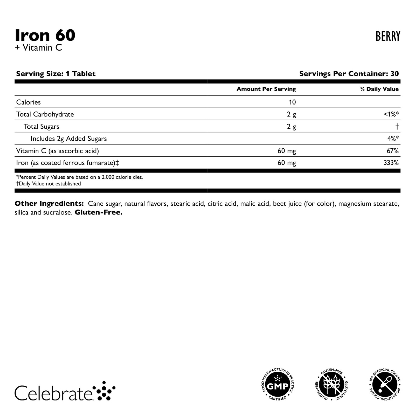 Celebrate Vitamins Iron Supplement with 60mg & 30 Count (Pack of 1)