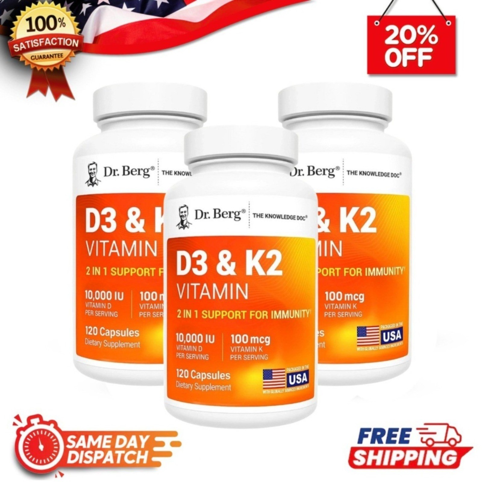 3 X Dr.100mg Nutritionals Berg’s Vitamin D3 & K2 Vitamins 120 Capsules hot sale
