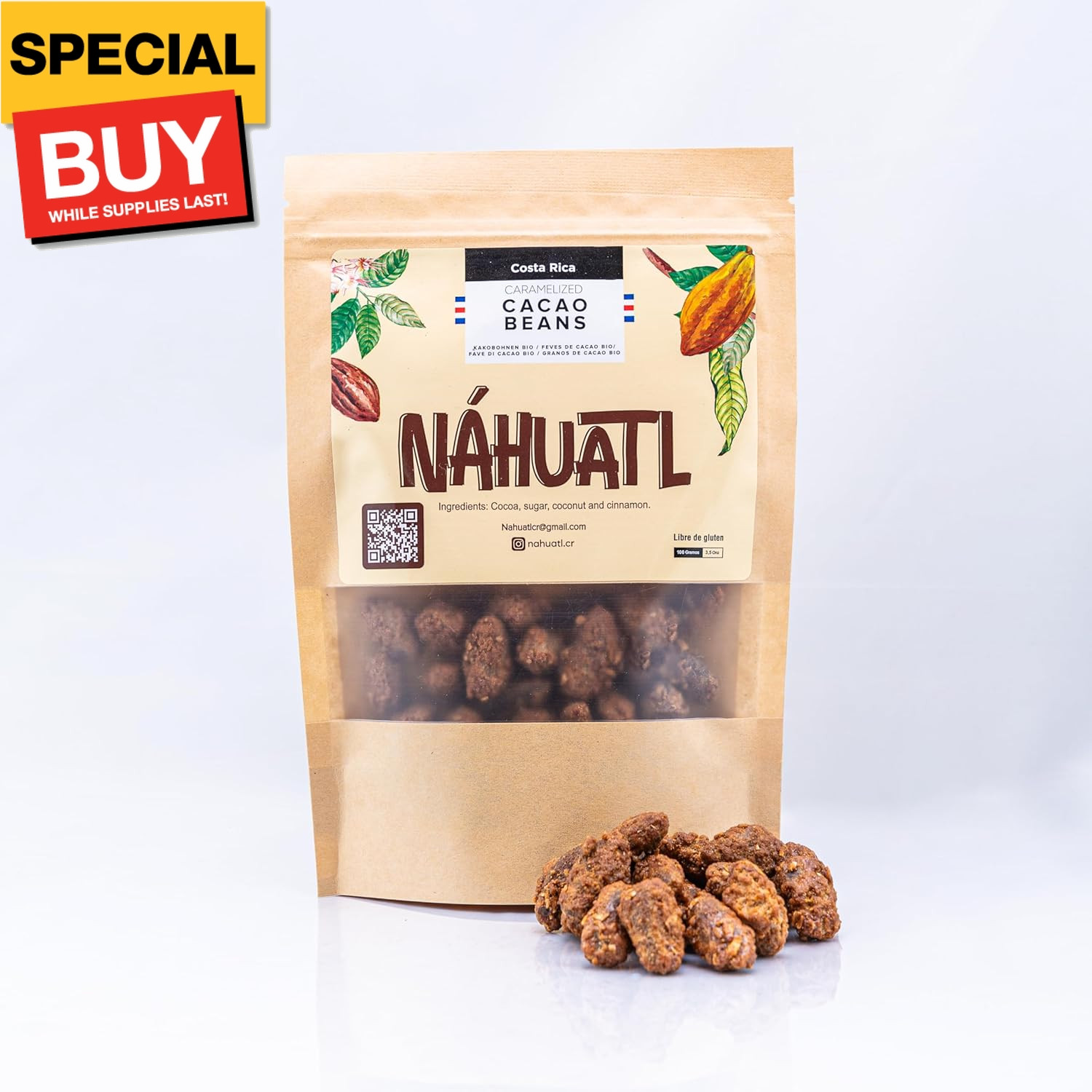 100% Costa Rican organic caramelized cacao beans, Whole food, Gluten and lactose