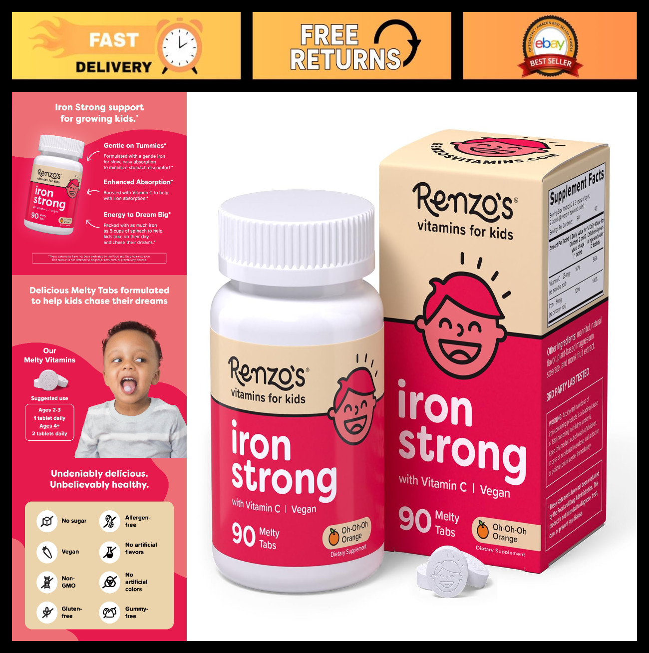 Dissolvable Vegan Iron Supplements for Kids, Sugar-Free Melty Tabs, 90-Count, Or