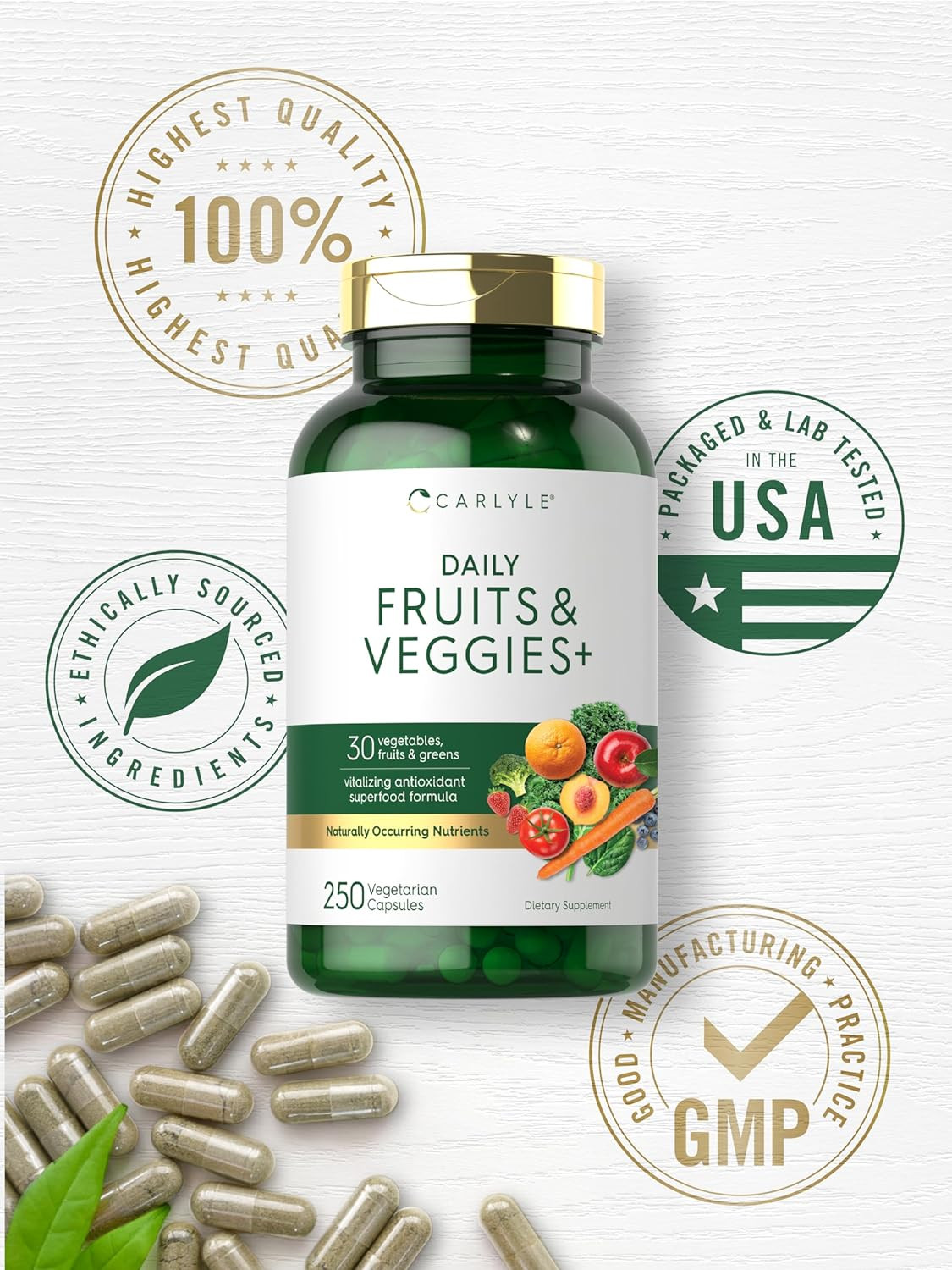 Fruits and Veggies Supplement | 250 Capsules | Made with 30 Fruits and Vegetable