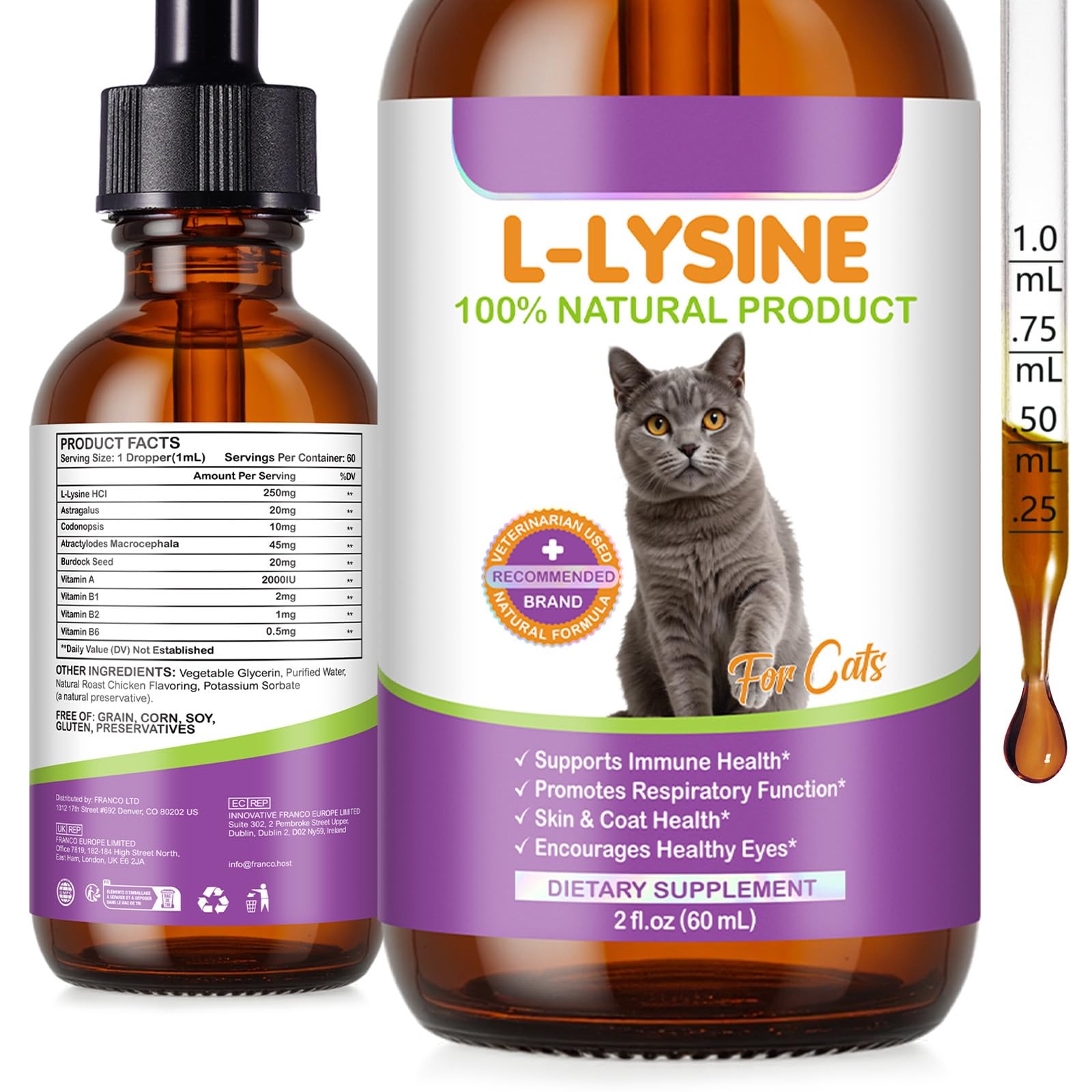 Cat L-Lysine Liquid 2oz Immune Respiratory Skin Coat Eyes | Lisina Gatos