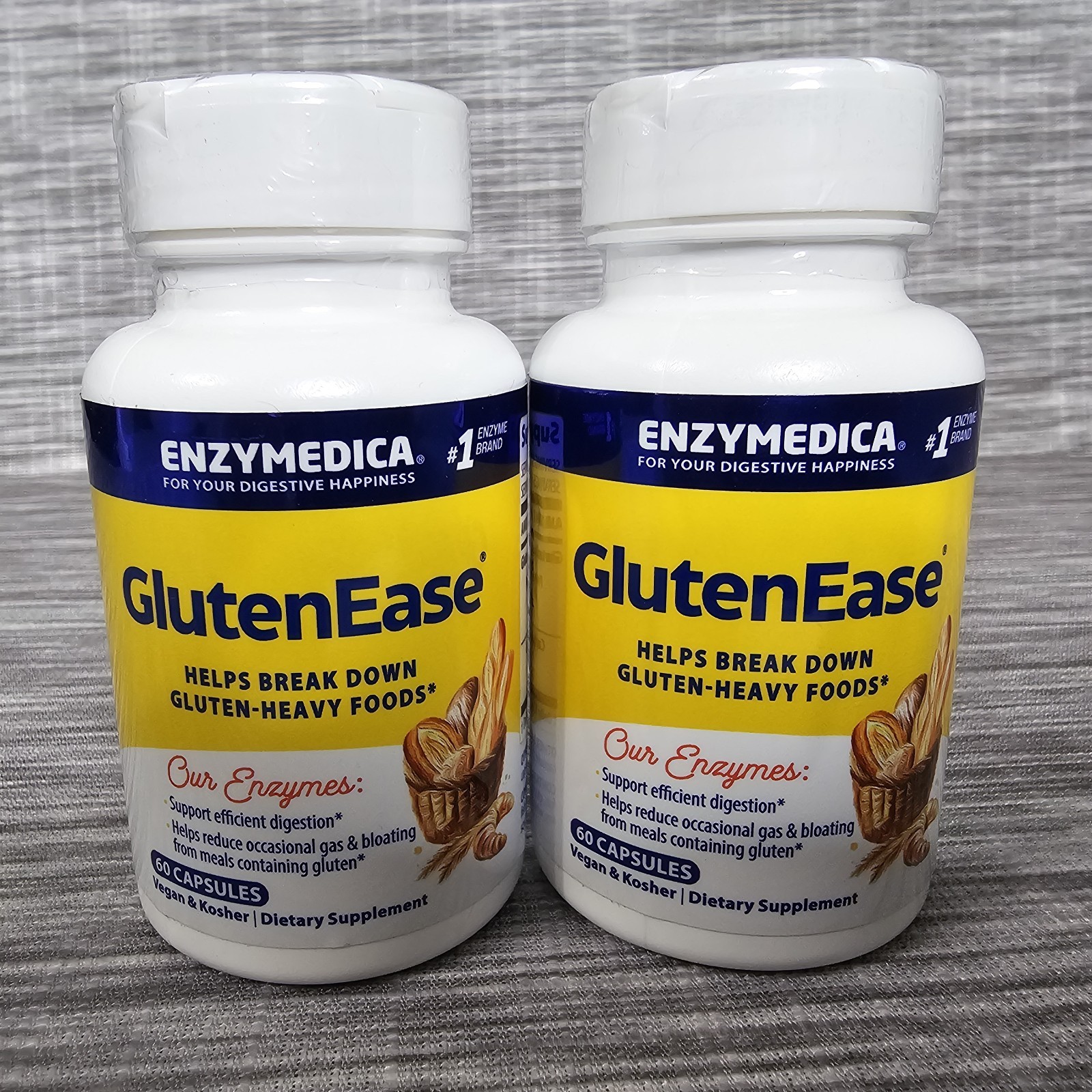 Lot of 2 Enzymedica GlutenEase 60 Capsules Exp 02/27 Gluten Digestive Enzymes