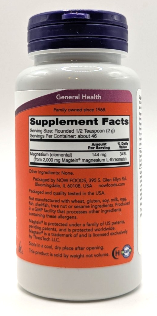 NOW Foods Magtein Magnesium L-Threonate Powder, 3.2 oz. / 46 Servings, Exp. 1/29