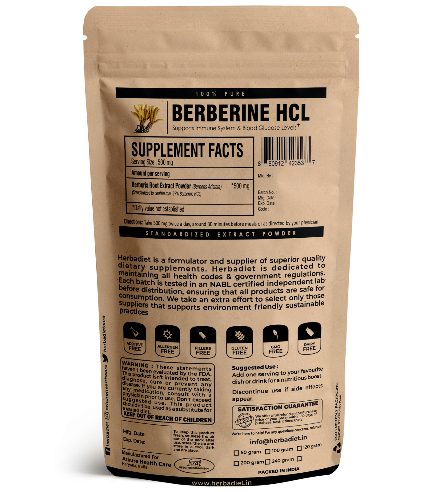 Premium Berberine HCL 98% Extract Powder for Blood Sugar Control, 100g