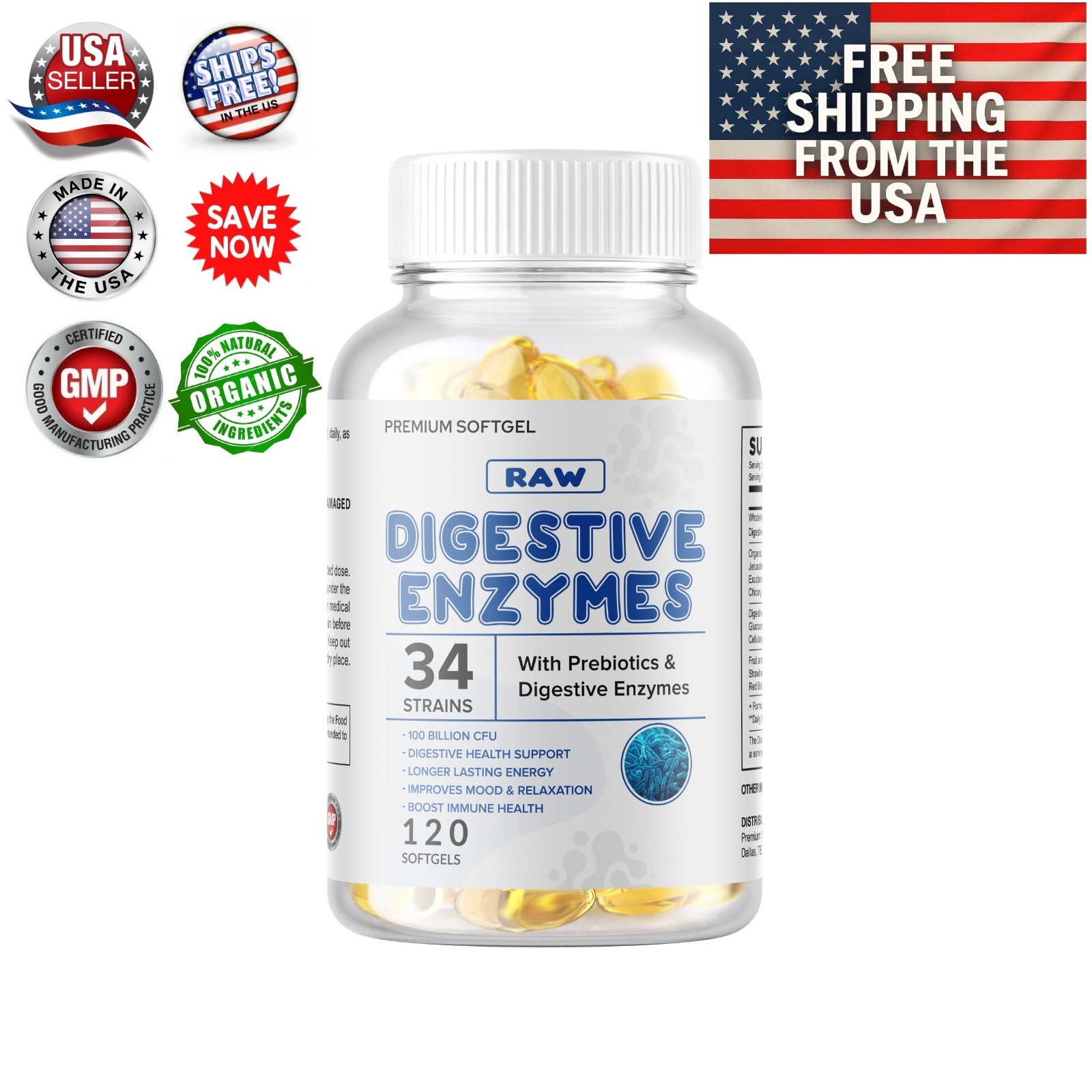 Digestive Enzymes Prebiotic & Probiotics Gas, Constipation & Bloating Relief 100