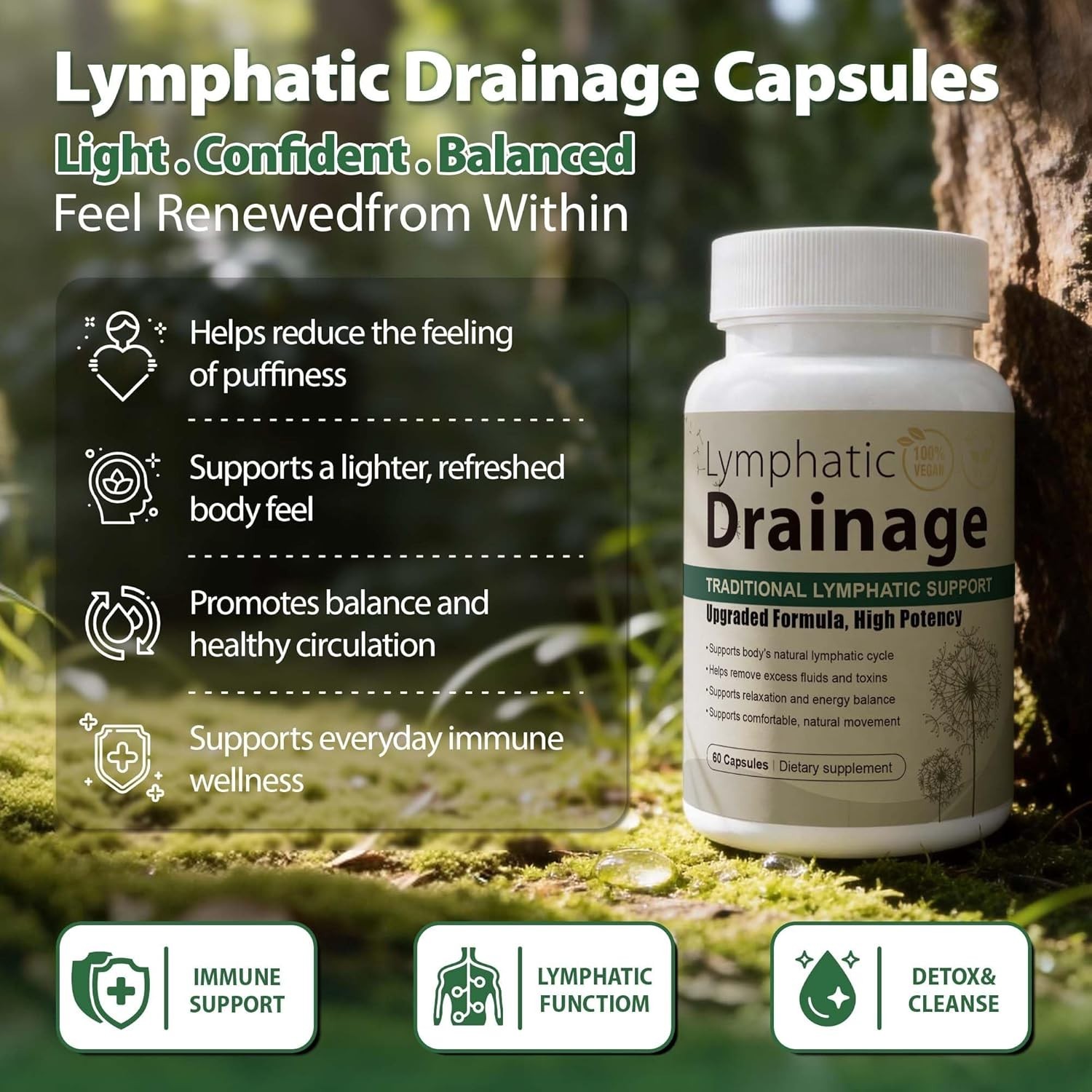 Lymphatic Drainage Capsules Natural Herbal Supplement for Immune Health & Fluid