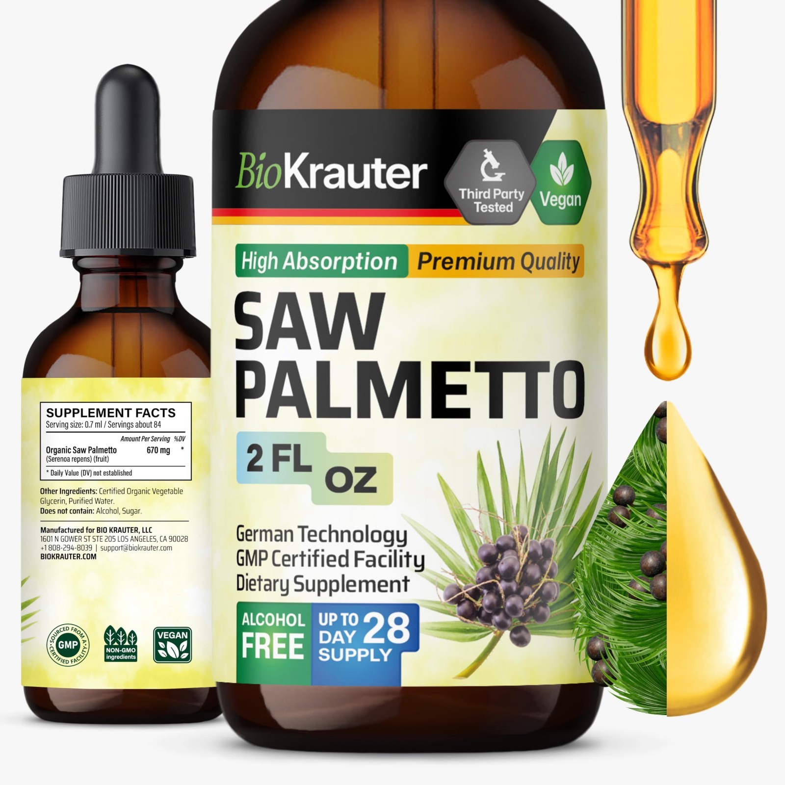Saw Palmetto Liquid Drops 670mg – Vegan Hair & Skin Wellness, 28-Day Supply