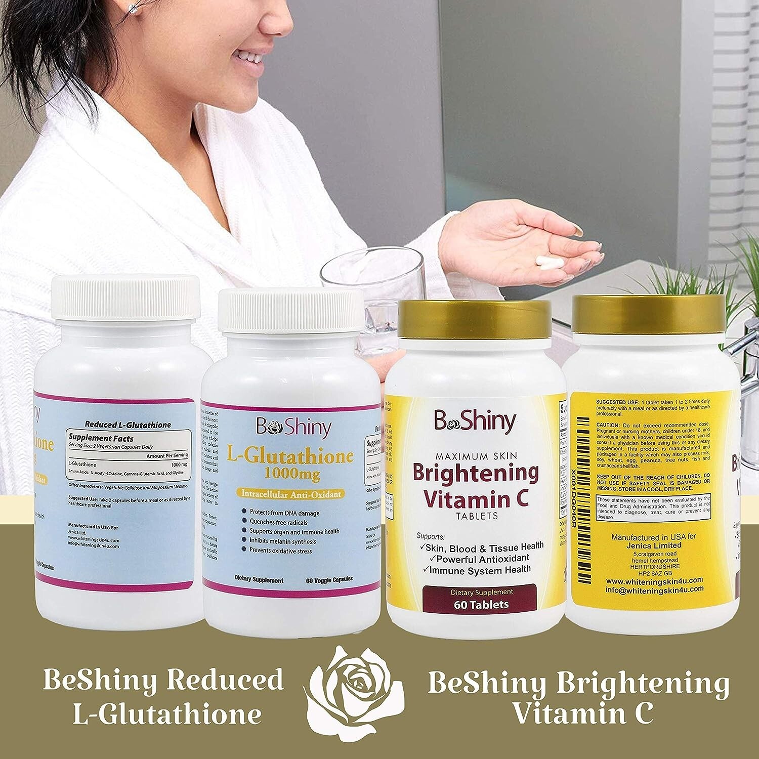 BeShiny Glutathione and Vitamin C 1000mg Skin Whitening Brightening Pills Set