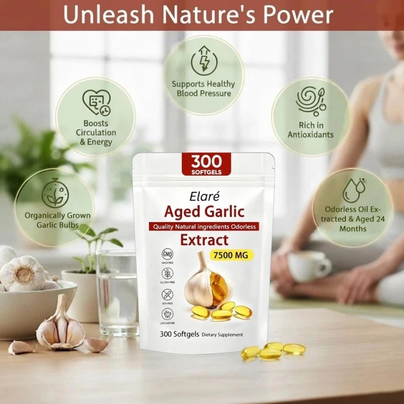 Elare Aged Garlic Extract 300 Softgels, 7500mg Odorless | Heart & Immune US 9Pcs