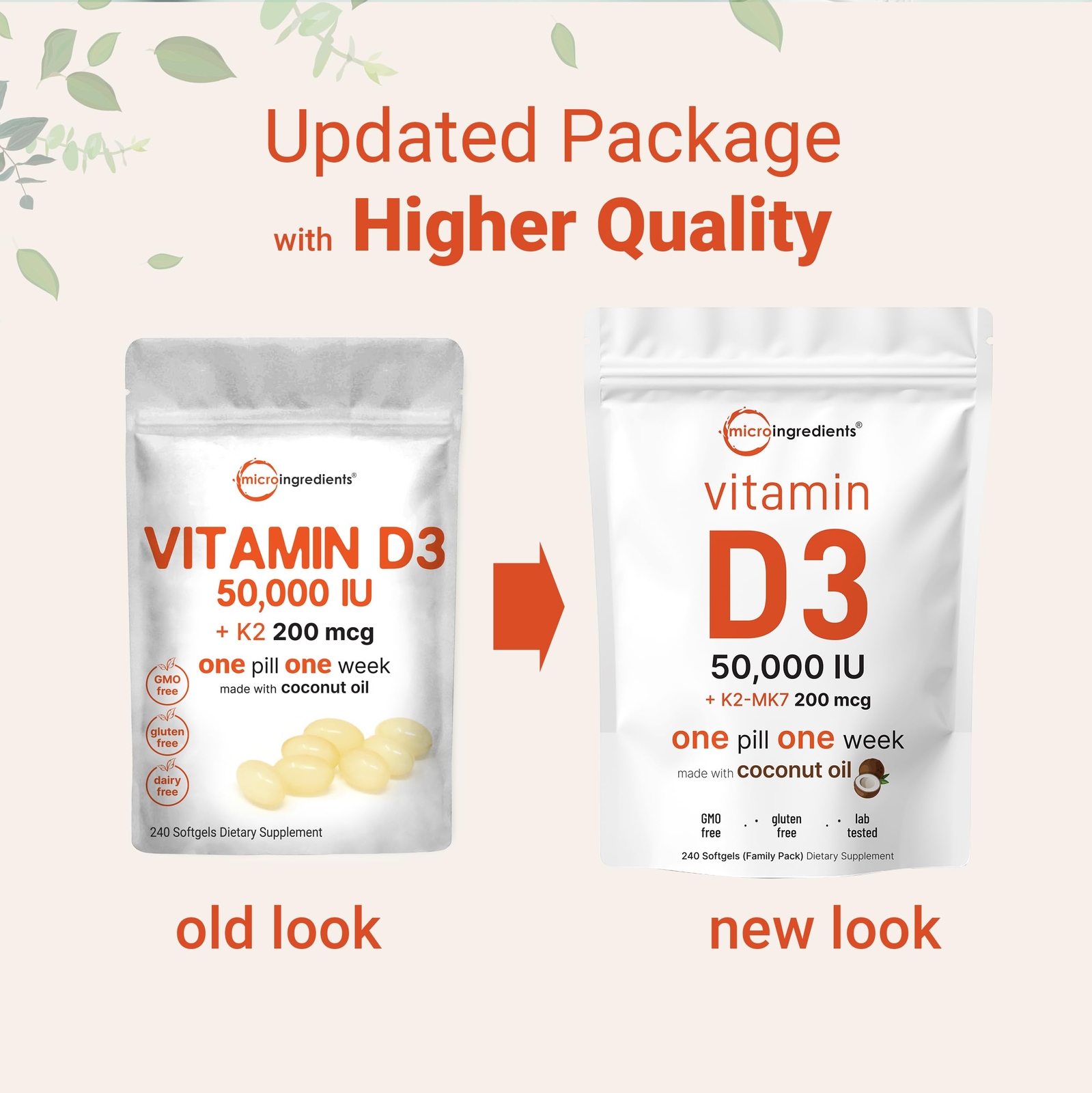 Vitamin D3 50000 IU Plus K2 MK-7 200 mcg 240 Virgin Coconut Oil Softgels